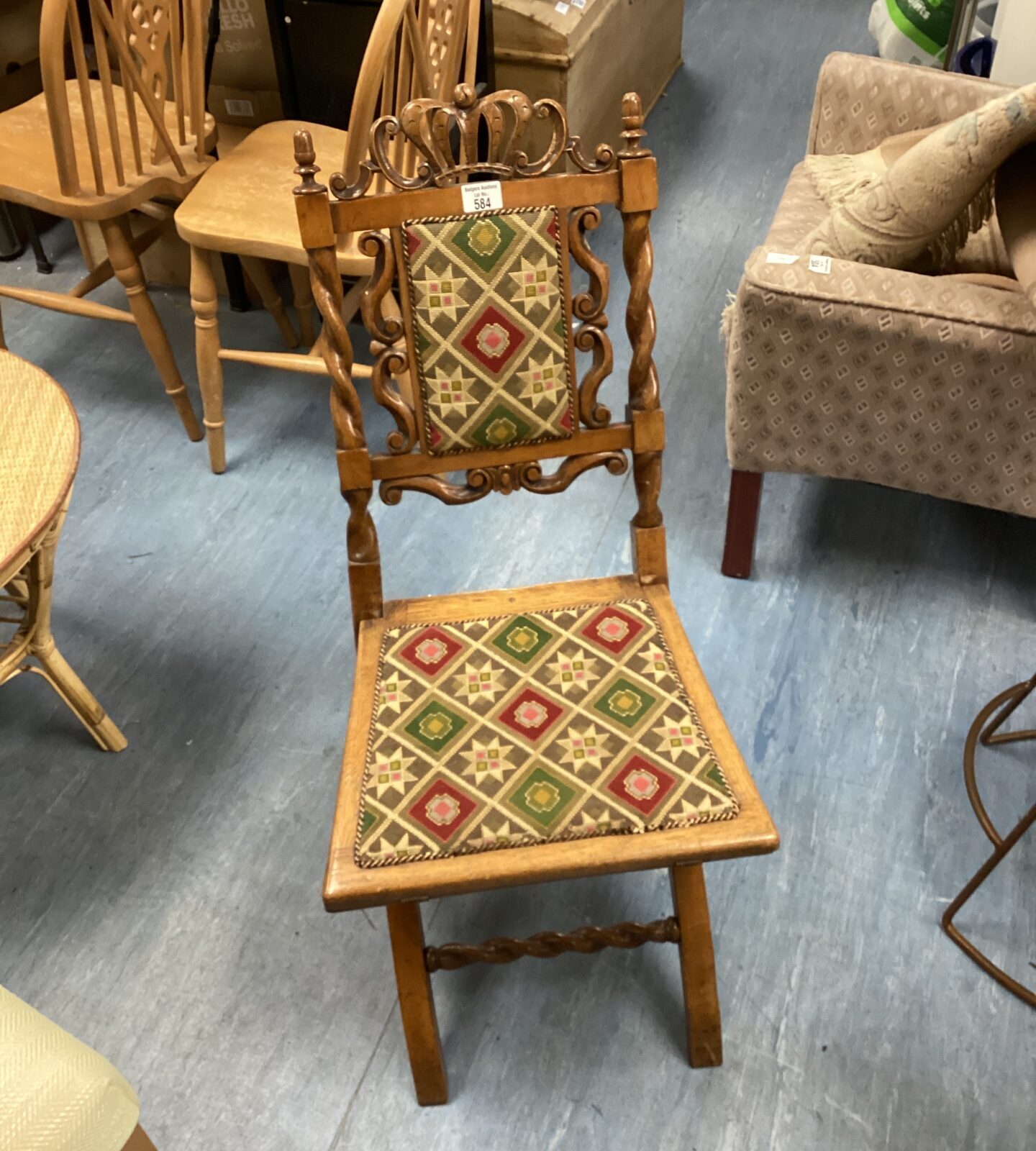 Victorian walnut fabric covered folding chair