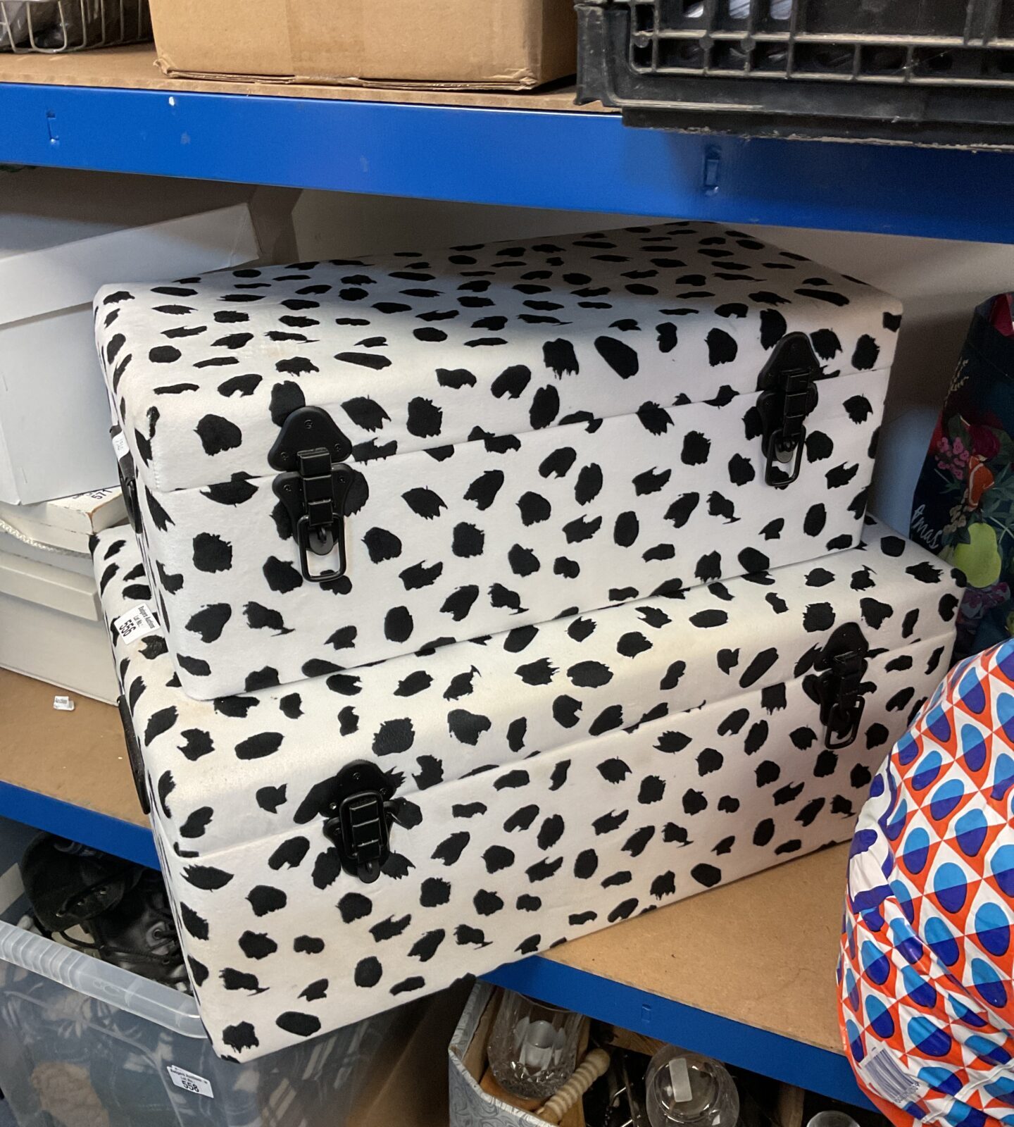 Two Dalmatian pattern fabric covered storage trunks