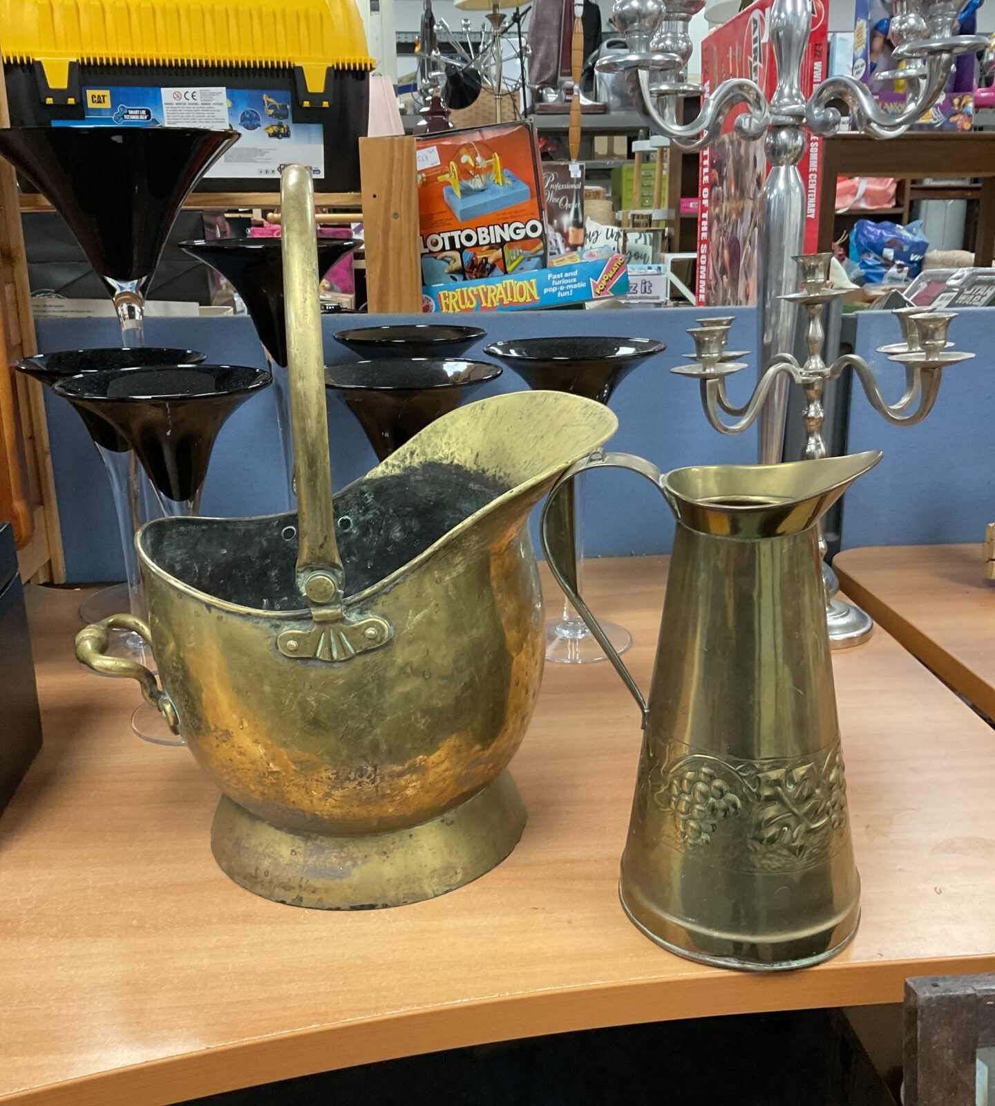 Vintage brass coal scuttle & pitcher