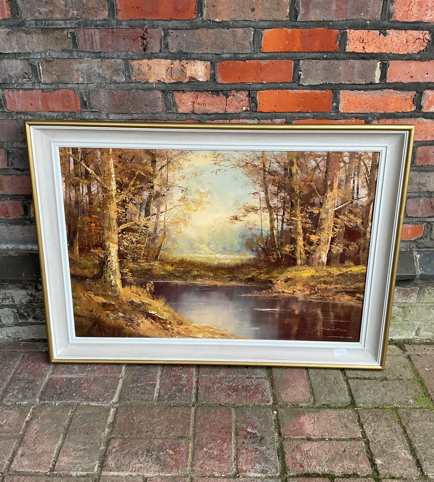 Original oil painting of an autumnal river woodland scene signed