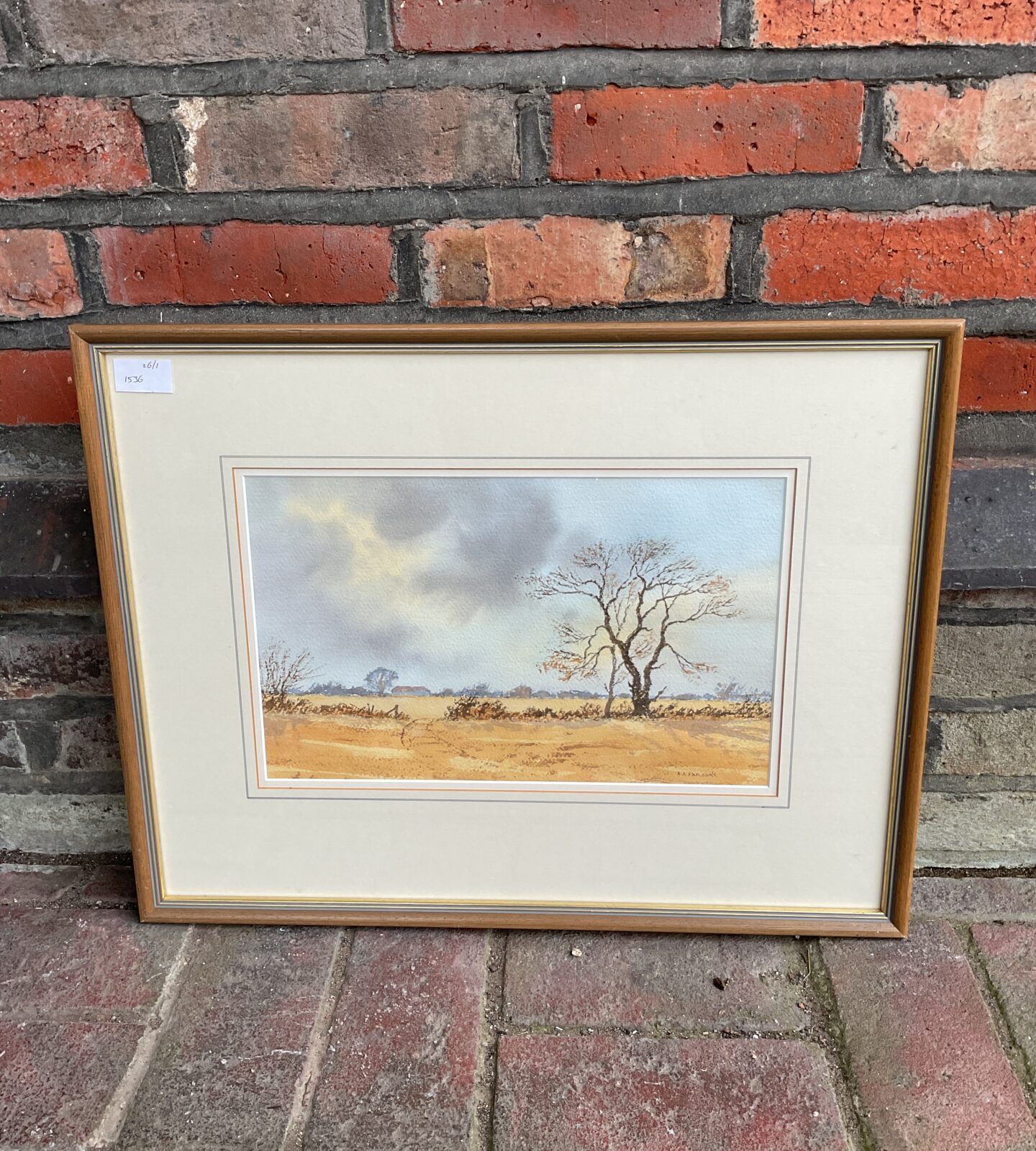 A a parsons watercolour of fields with farm in distance