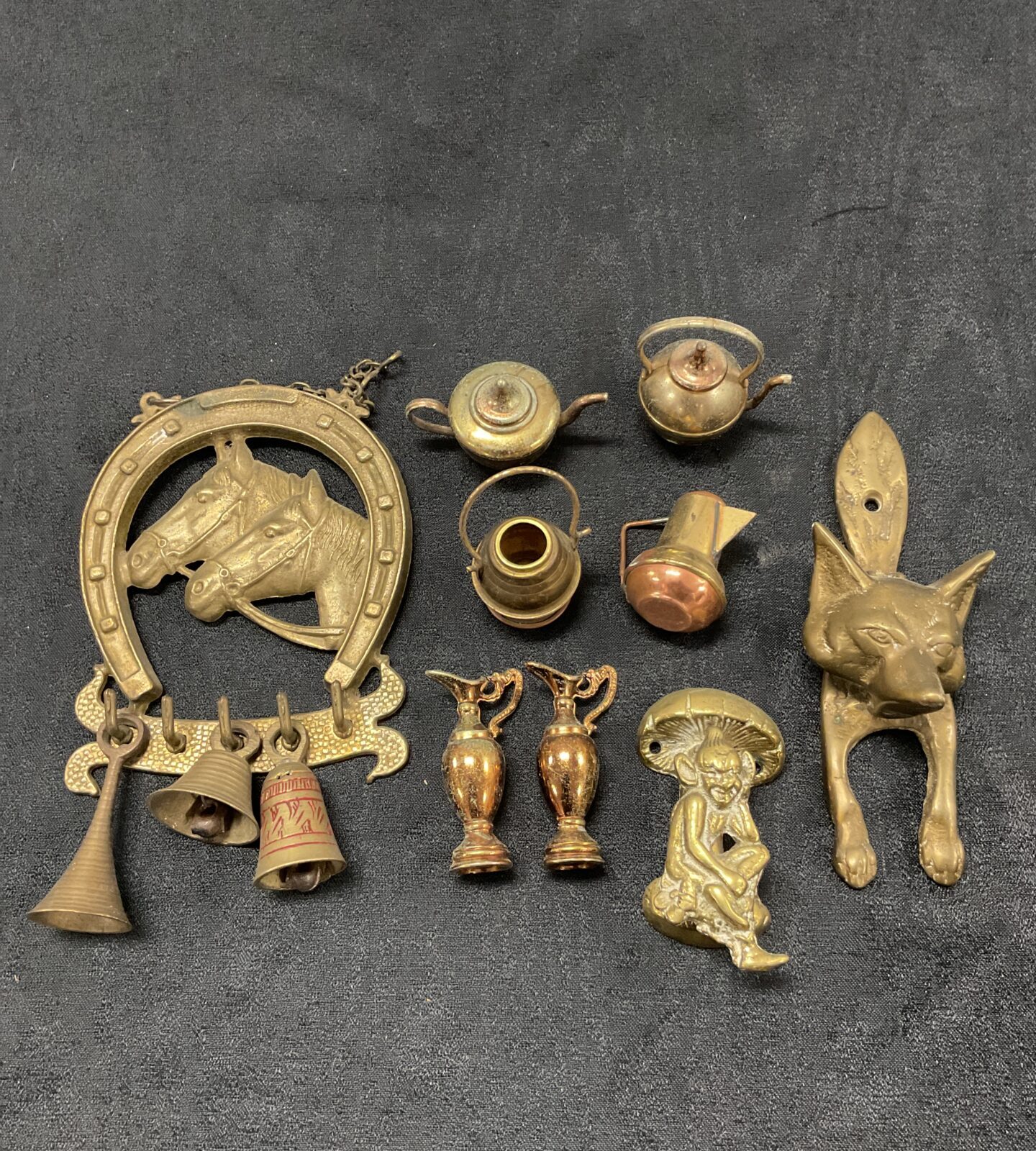 Selection of brassware including fox door knocker