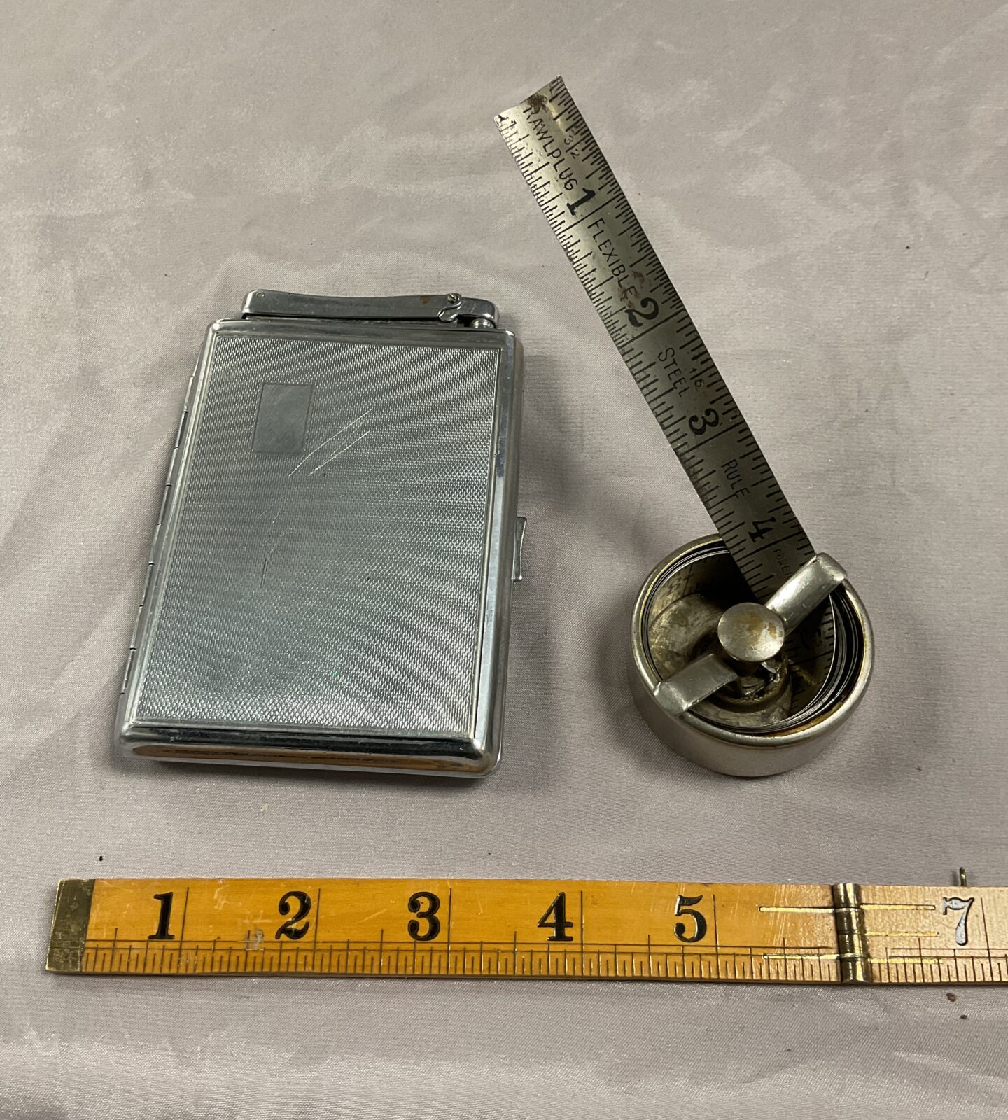 1950s colibri monopol brand cigarette / lighter case & rawlplug 6' steel measure