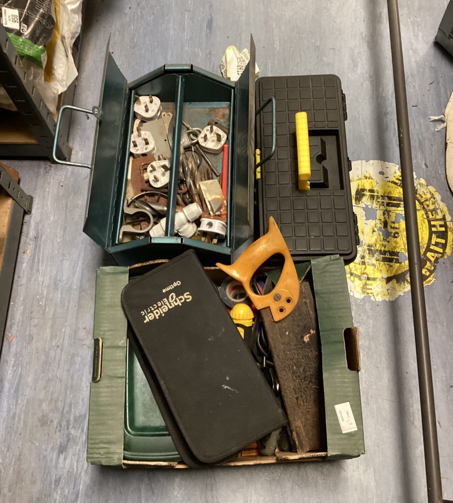 Two tool boxes with contents & tray of mixed tools inc handsaw & tape