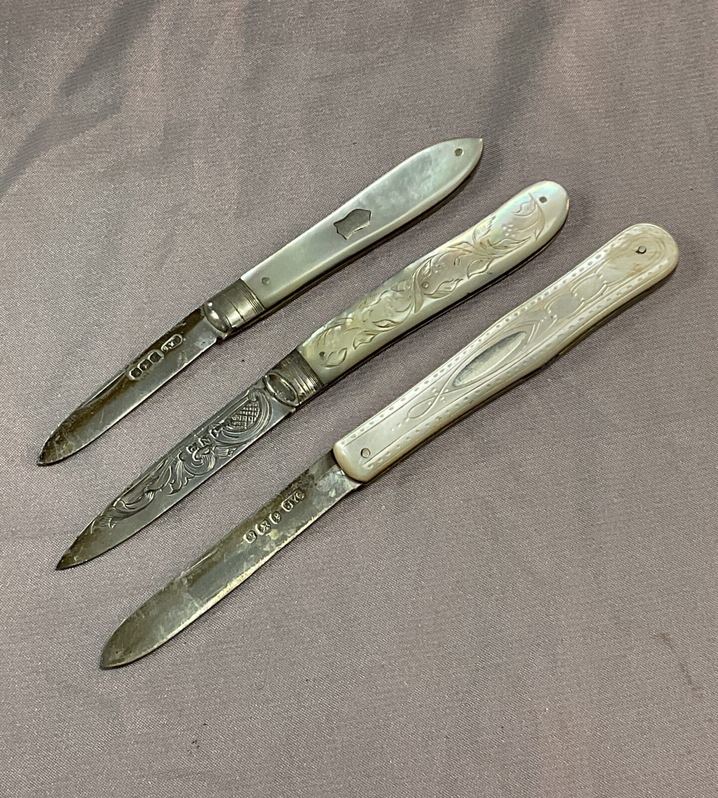 three mother of pearl hallmarked silver Fruit knives