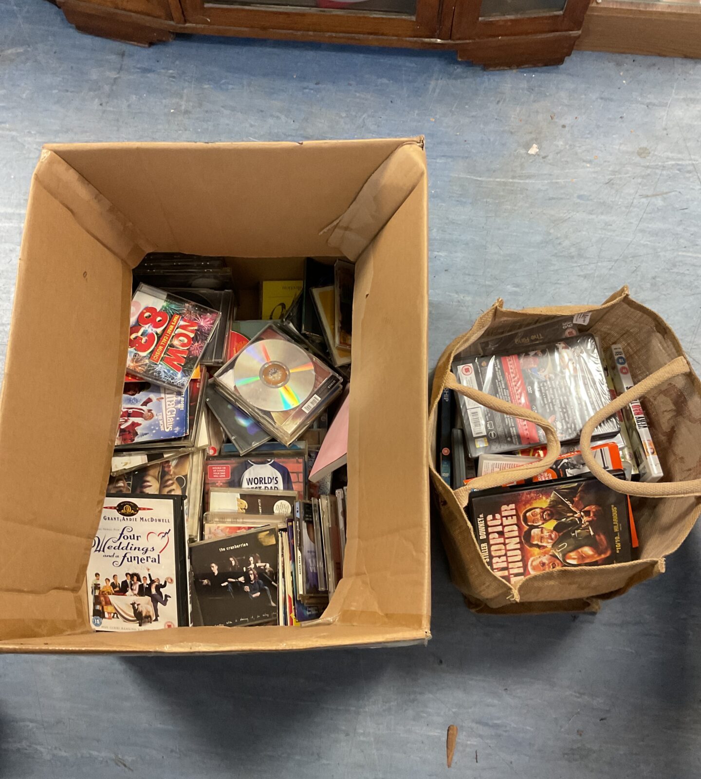 Large box of cds & bag of dvds