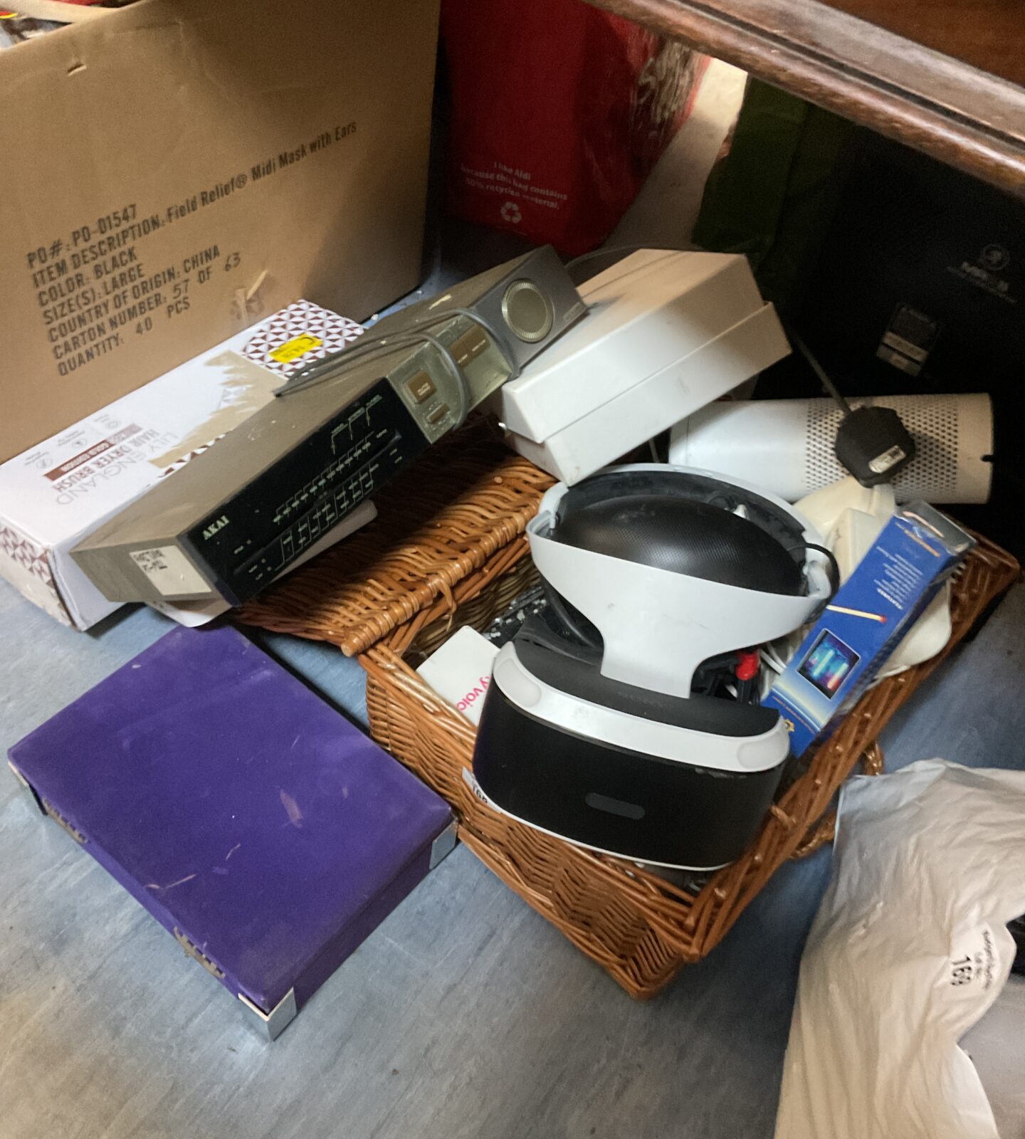 Box of mixed inc sony psvr headset & amazon alexa