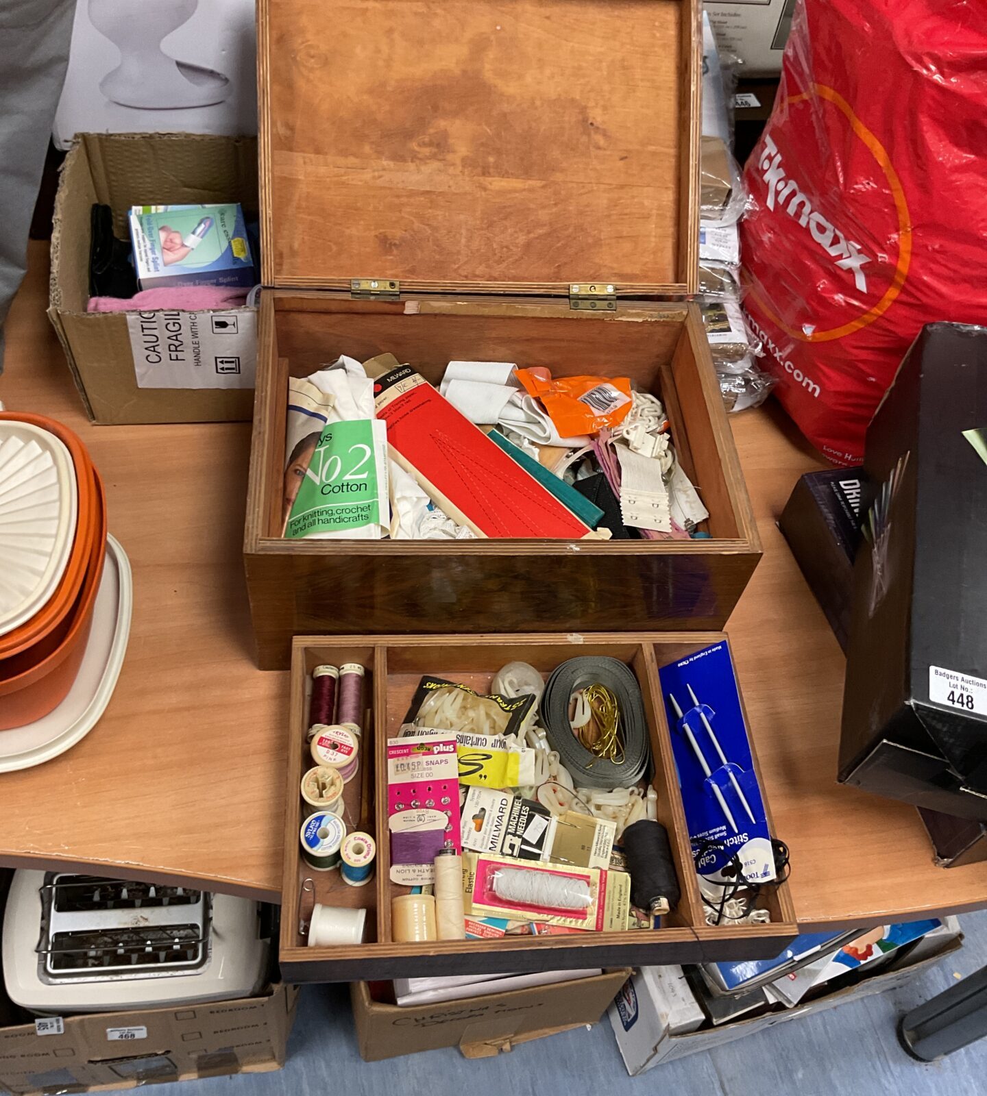 Wooden sewing box with contents