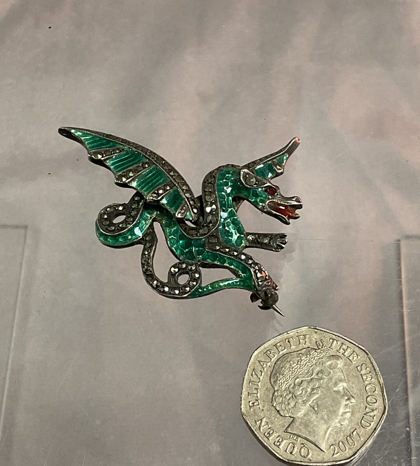 925 silver Green enamel Marcasite Dragon brooch