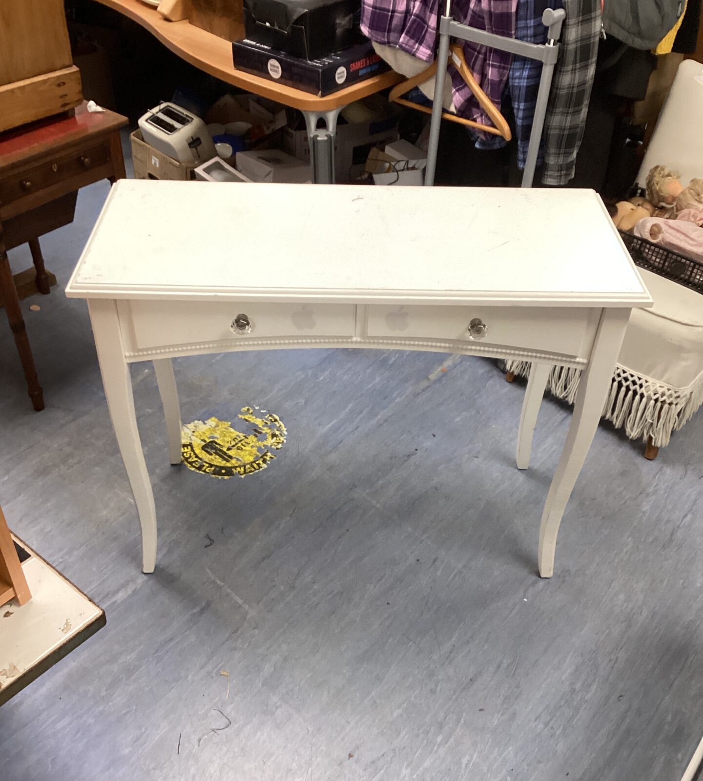 White Side Table with Twp Drawers L39”x W16” x H31”