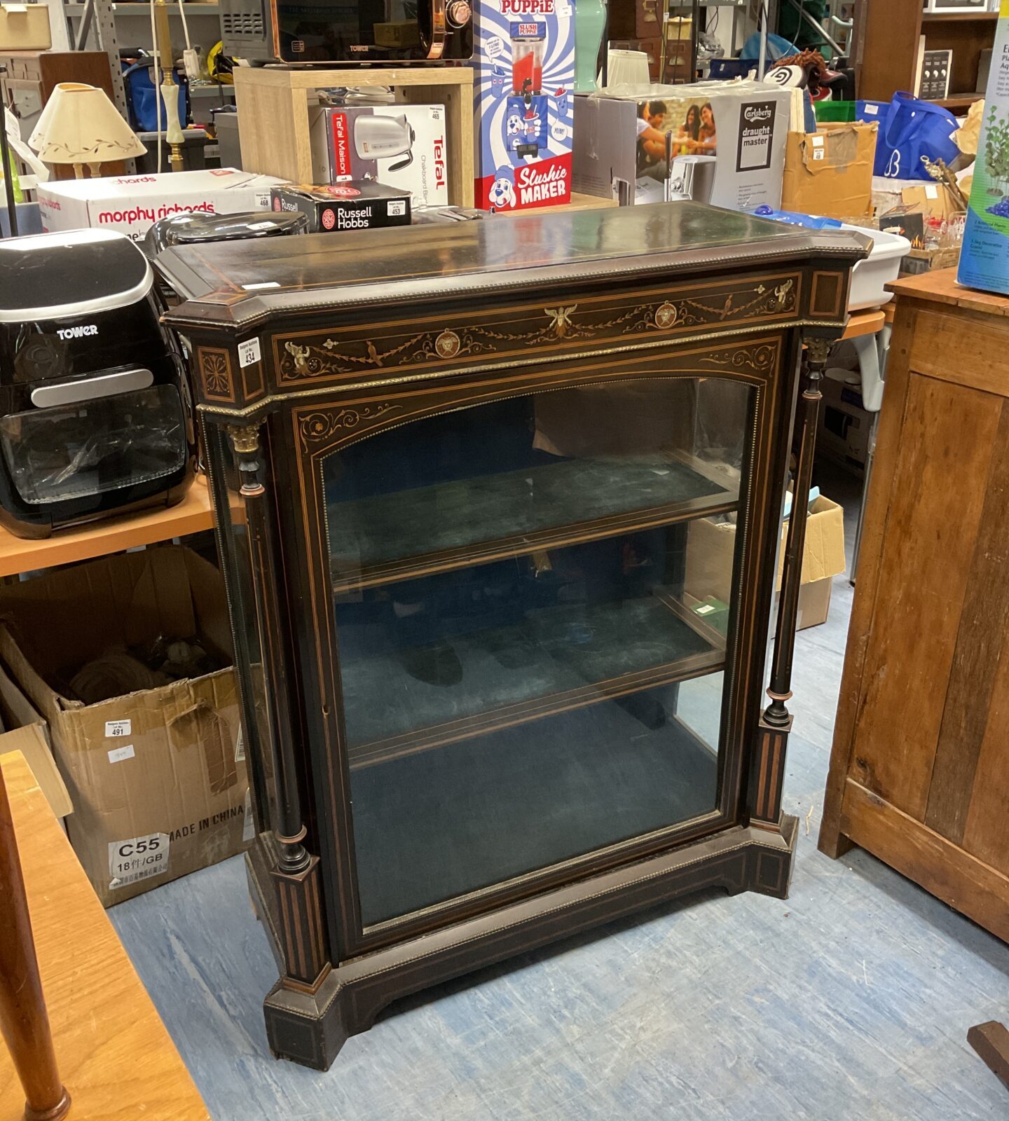 Victorian column  cabinet antique glass display unit with inlaid design