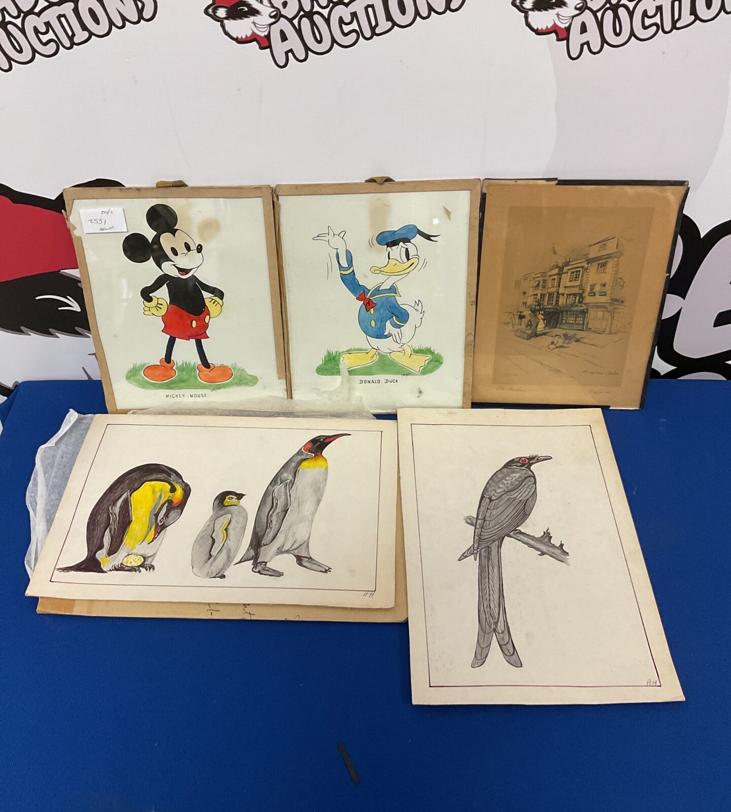 Selection of original artworks including v morley Mickey Mouse & donald duck watercolours