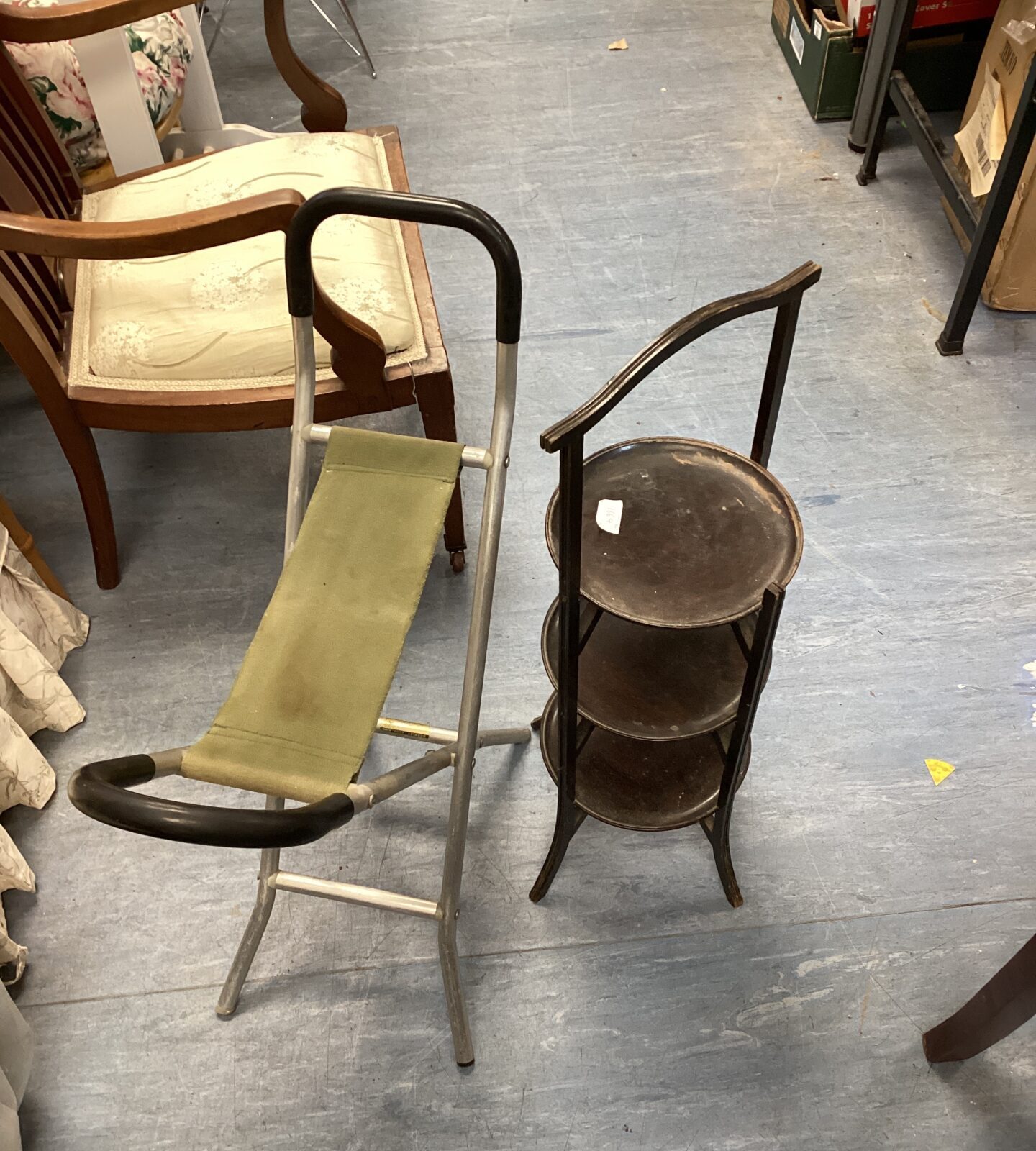 Edwardian folding cake stand with folding shooting stool