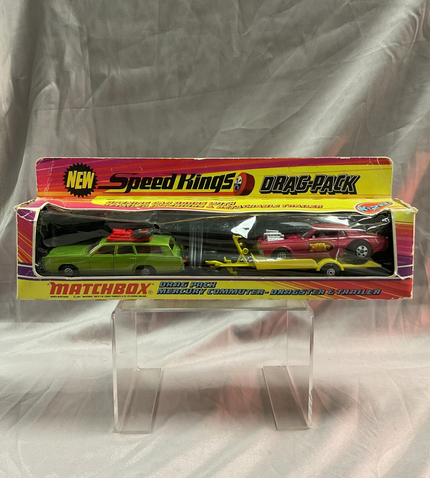 Matchbox speed kings drag pack mercury commuter dragster and trailer in original box