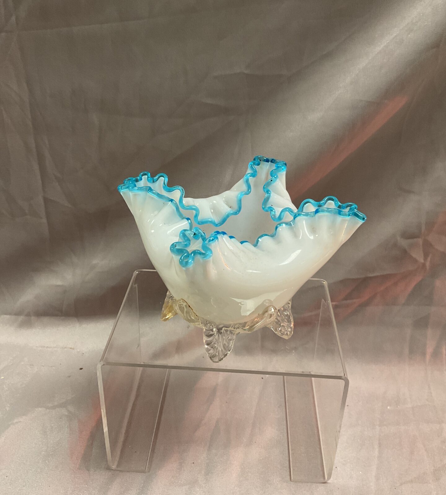 Antique ruffled blue rim milk glass on clear glass feet handkerchief Dish 3.5”x 6”