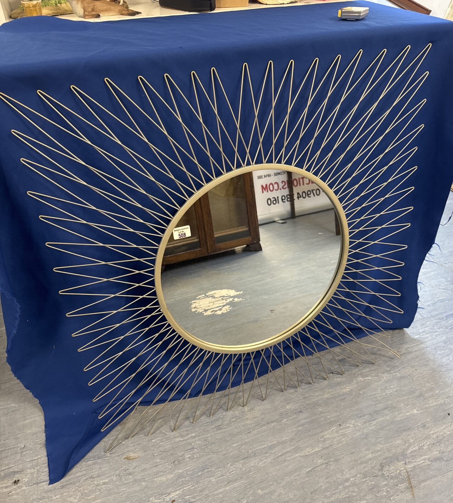 Large sunburst style wire framed mirror pane 19.75” diameter - bottom corner needs straightening