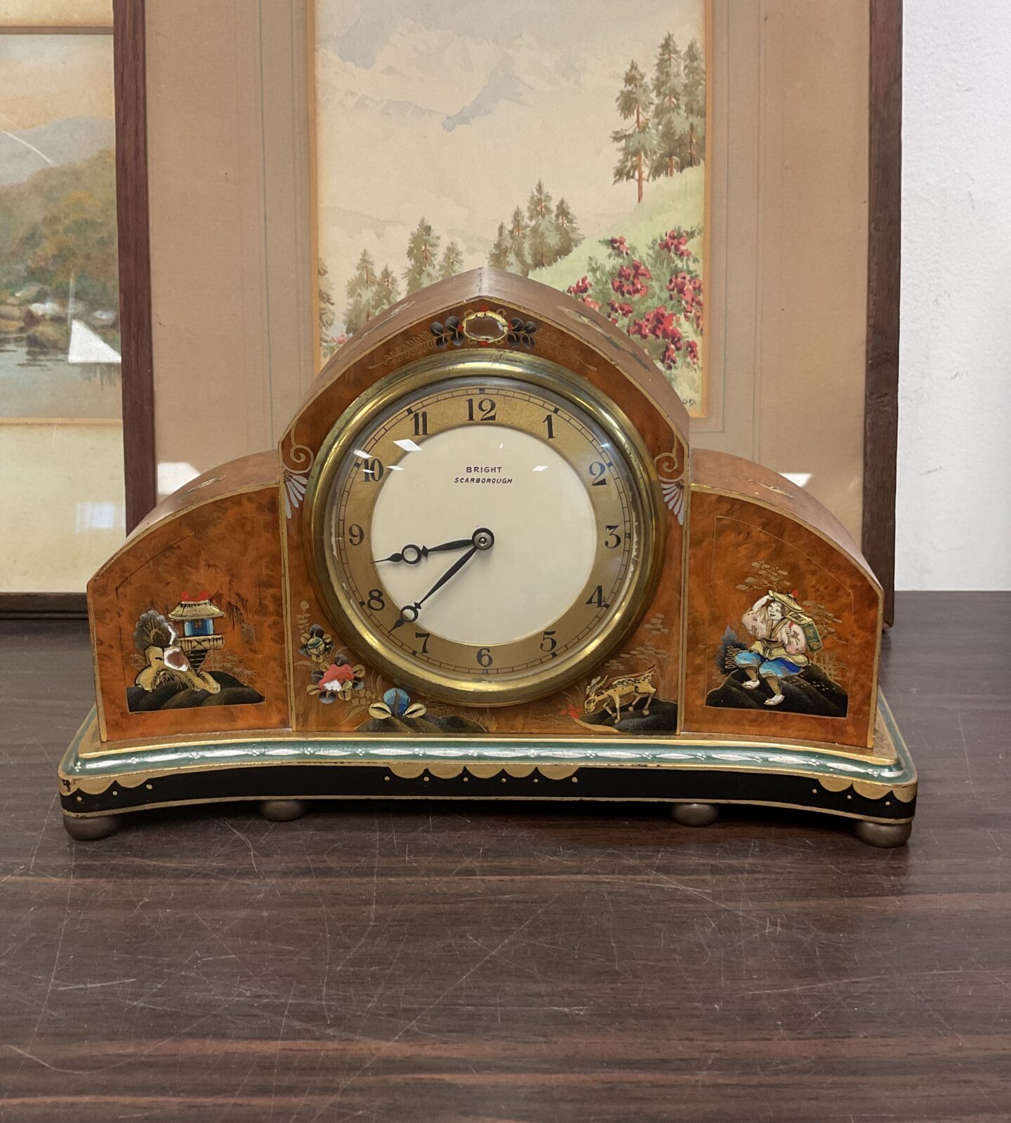 Edwardian chinoiserie decorated bright Scarborough mantle clock