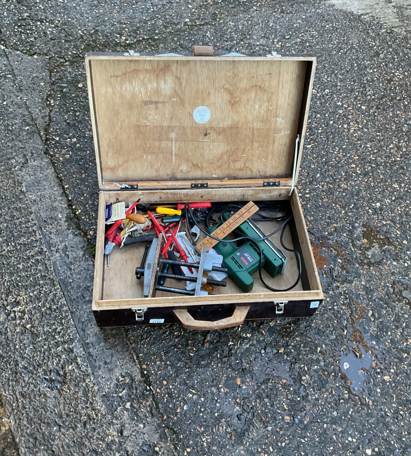 Wooden storage box with contents inc bosch sander and tools