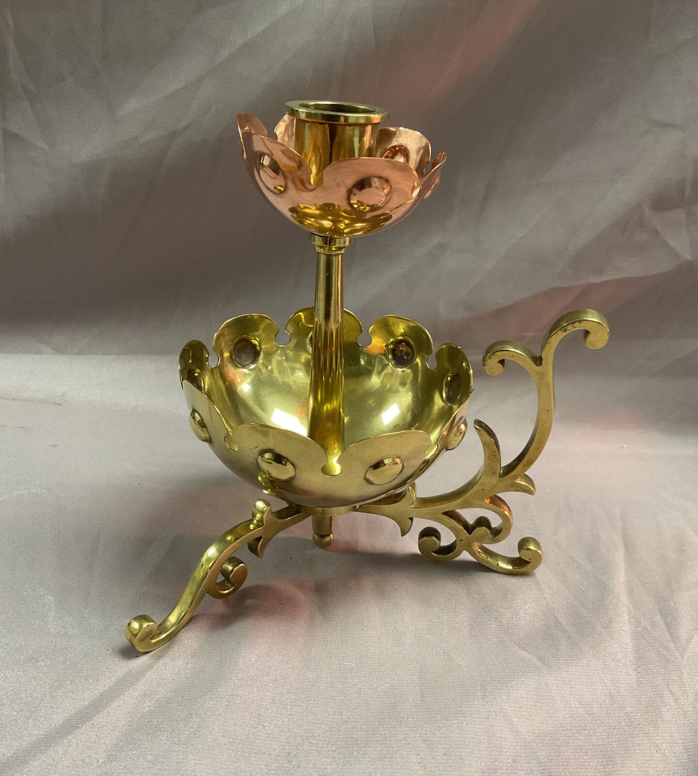 Arts and Crafts  copper and brass petaled 7” chamberstick 1890s in the style of W A S Benson