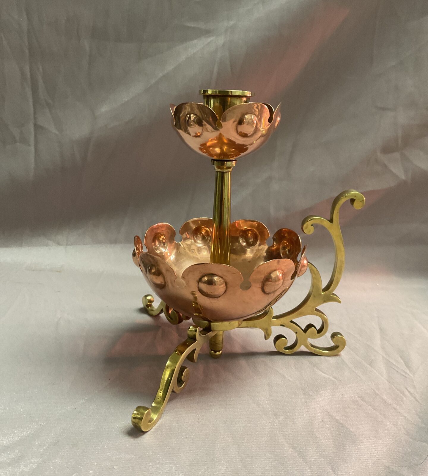 Arts and Crafts  copper and brass petaled 7”  chamberstick 1890s in the style of W A S Benson