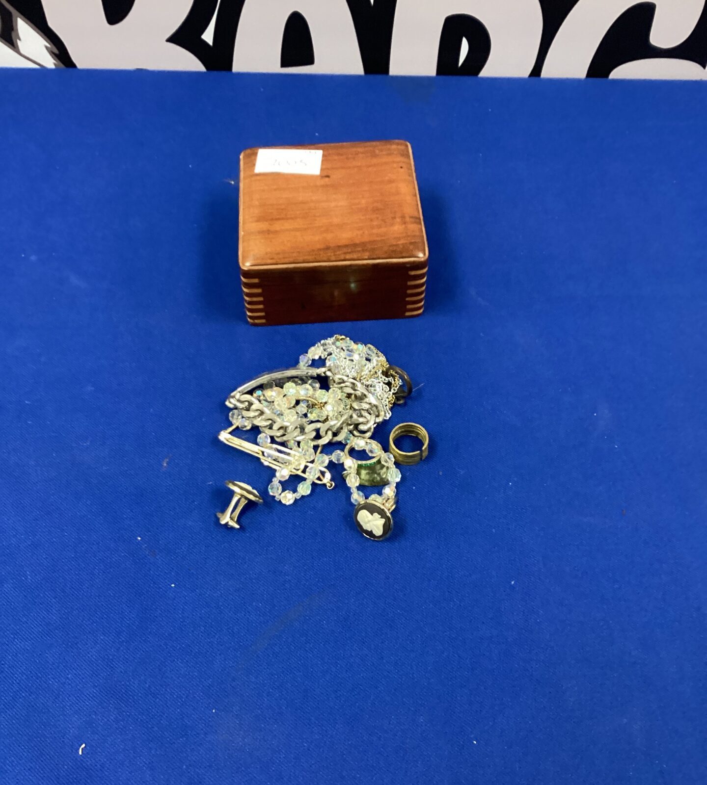 Small wooden jewellery box with contents inc Identity Bracelet