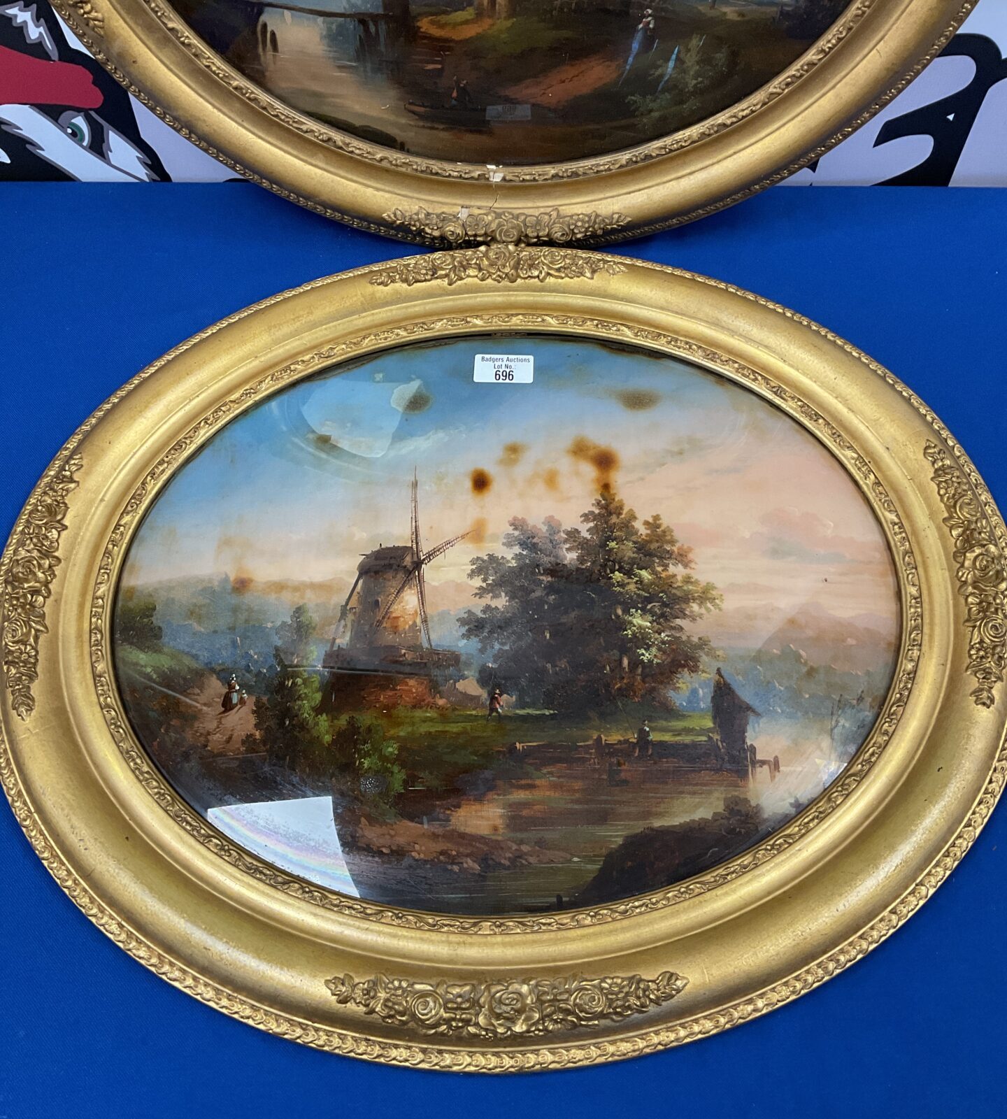 Pair of gilt framed Victorian oil paintings on glass of windmill & farm buildings - Image 2