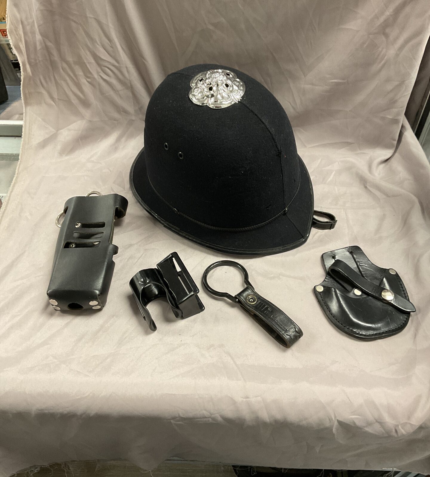 Vintage custodian police helmet with belt accessories