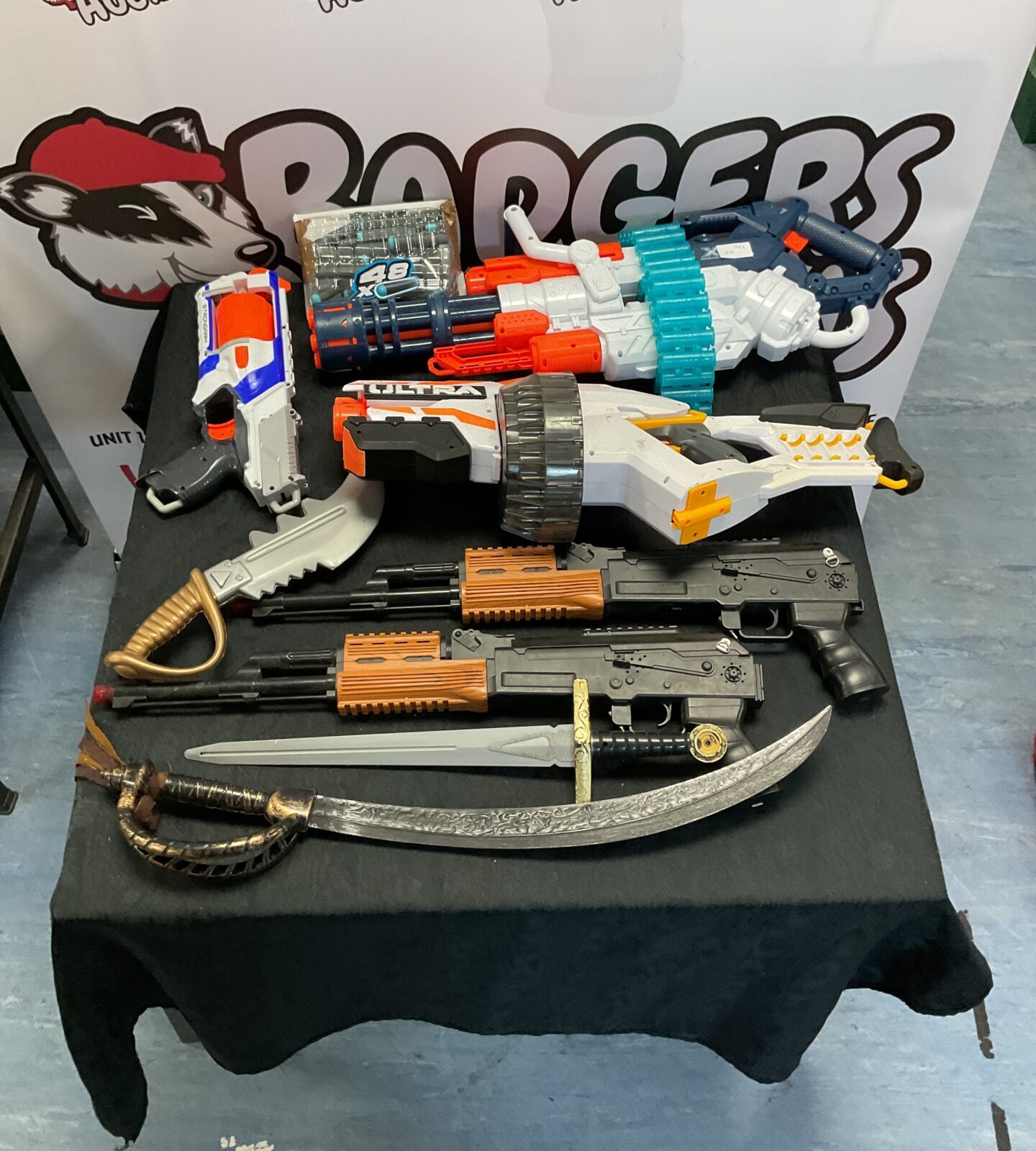 Selection of mixed nerf guns with ammo and childrens weapon toys