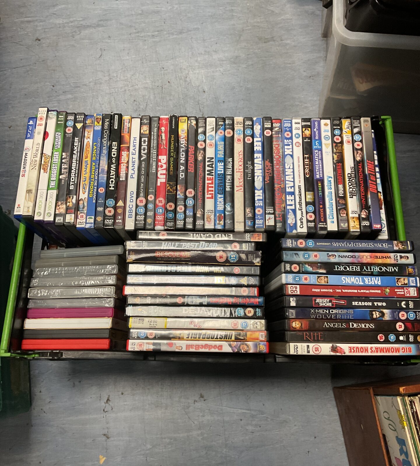 Crate of DVDs & games (some sealed)