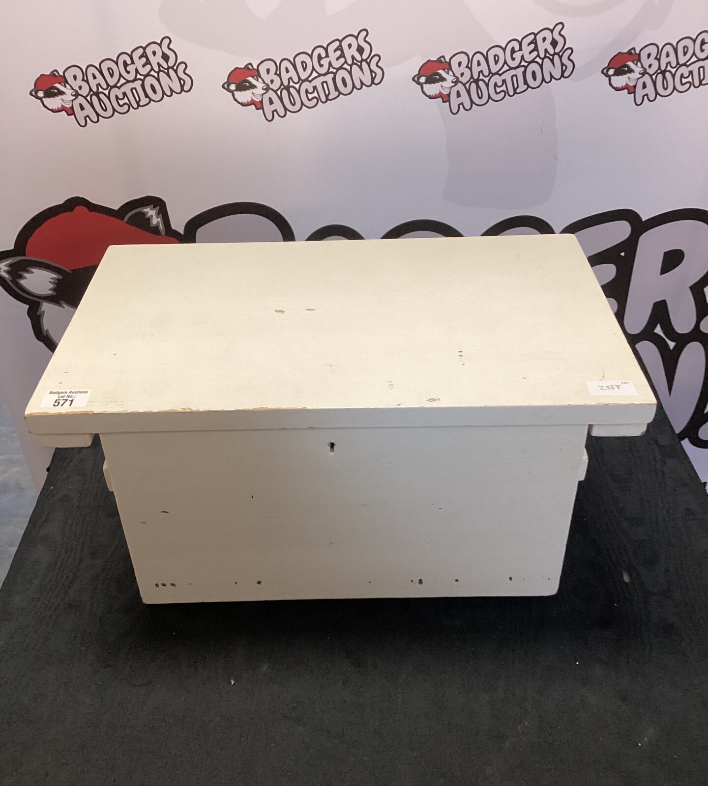 White painted wooden storage box with media cables inc scart leads