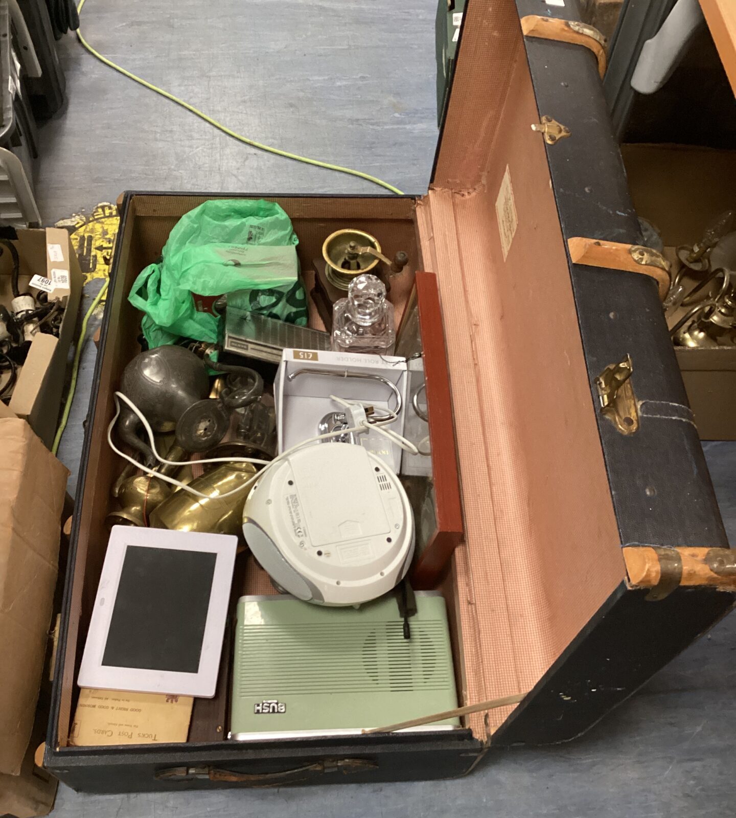 Vintage Travel trunk with mixed items inc coffee grinder, brass & bush radio