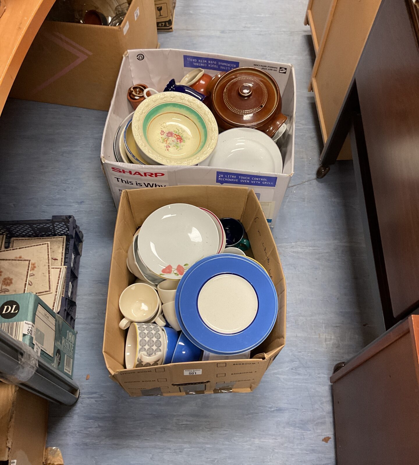 Two boxes of mixed kitchenware inc pottery