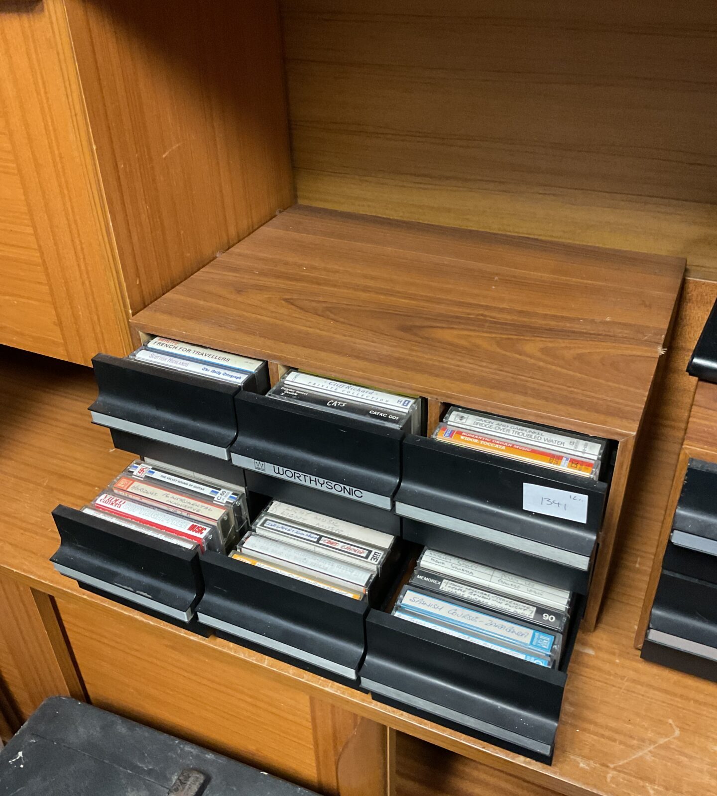 Worthysonic audio cassette storage drawers with contents