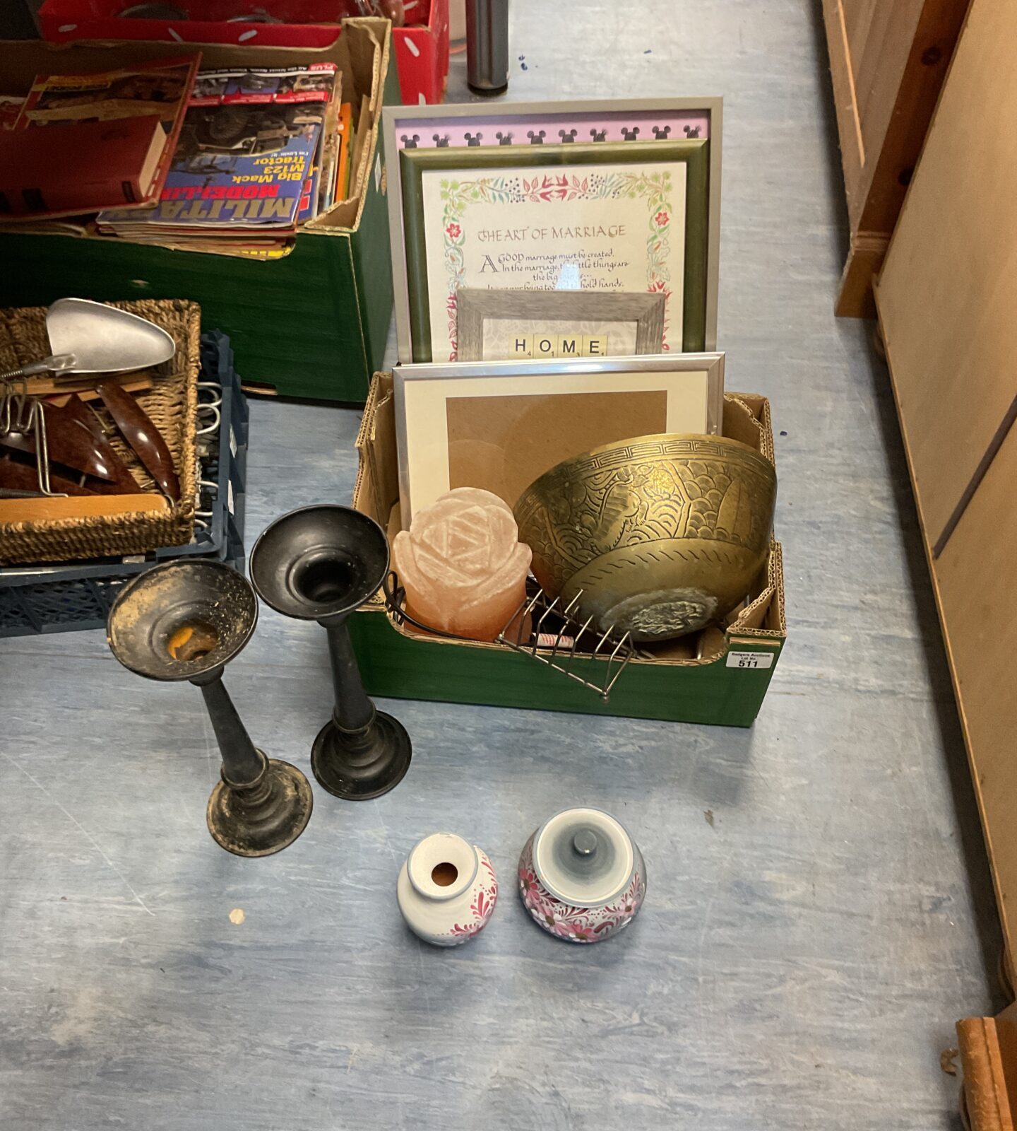 Box of mixed inc Brass Chinese dragon bowl and salt rock lamp