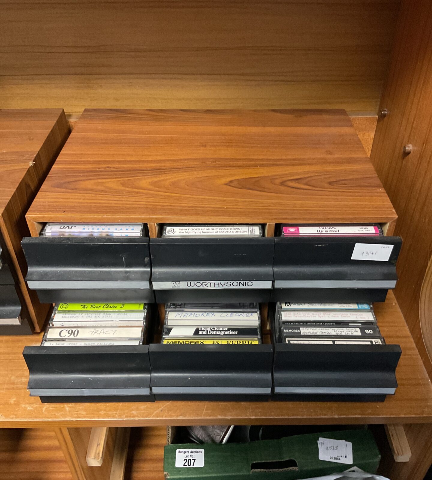 Worthysonic audio cassette storage drawers with contents