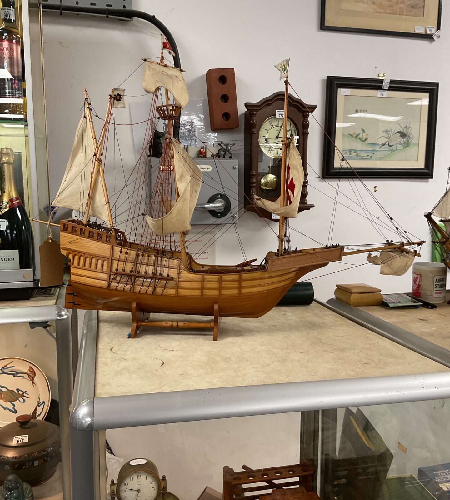 Wooden Santa Maria model ship with maltese cross on sails 32” x 24”