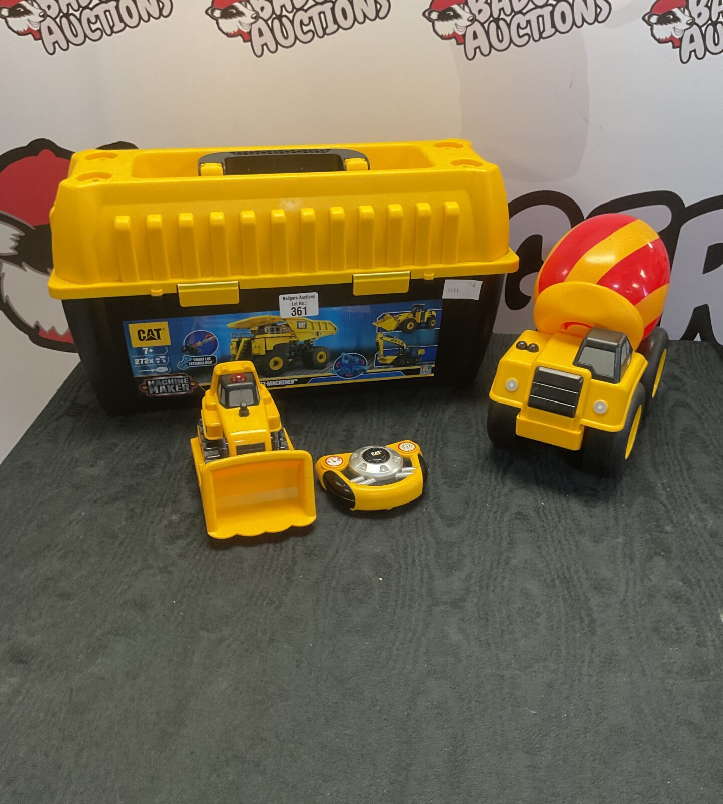 Cat machine maker set with cement mixer truck and remote controlled  bull dozer