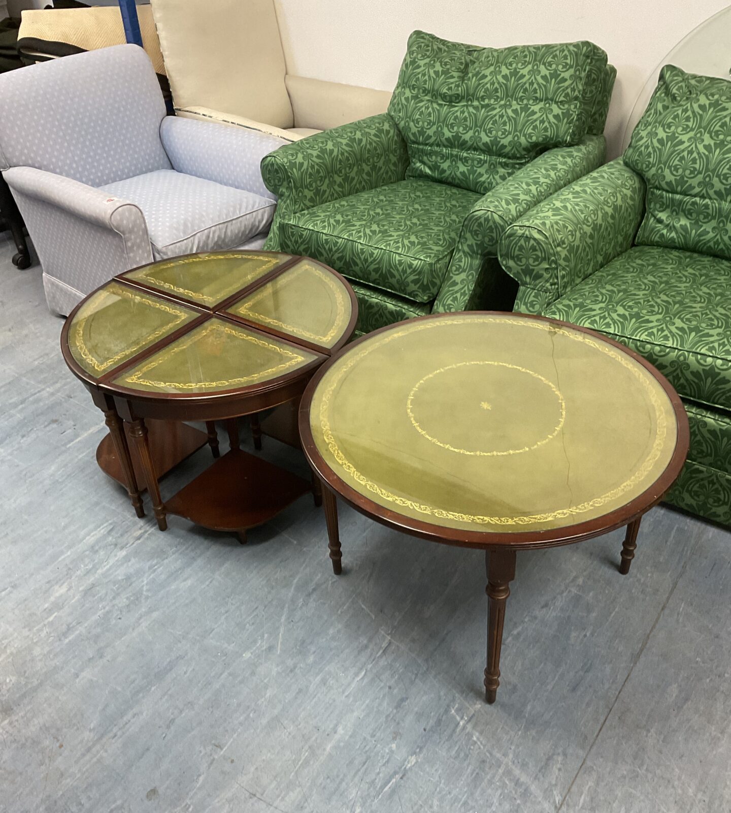 Leather & glass topped round nest of tables