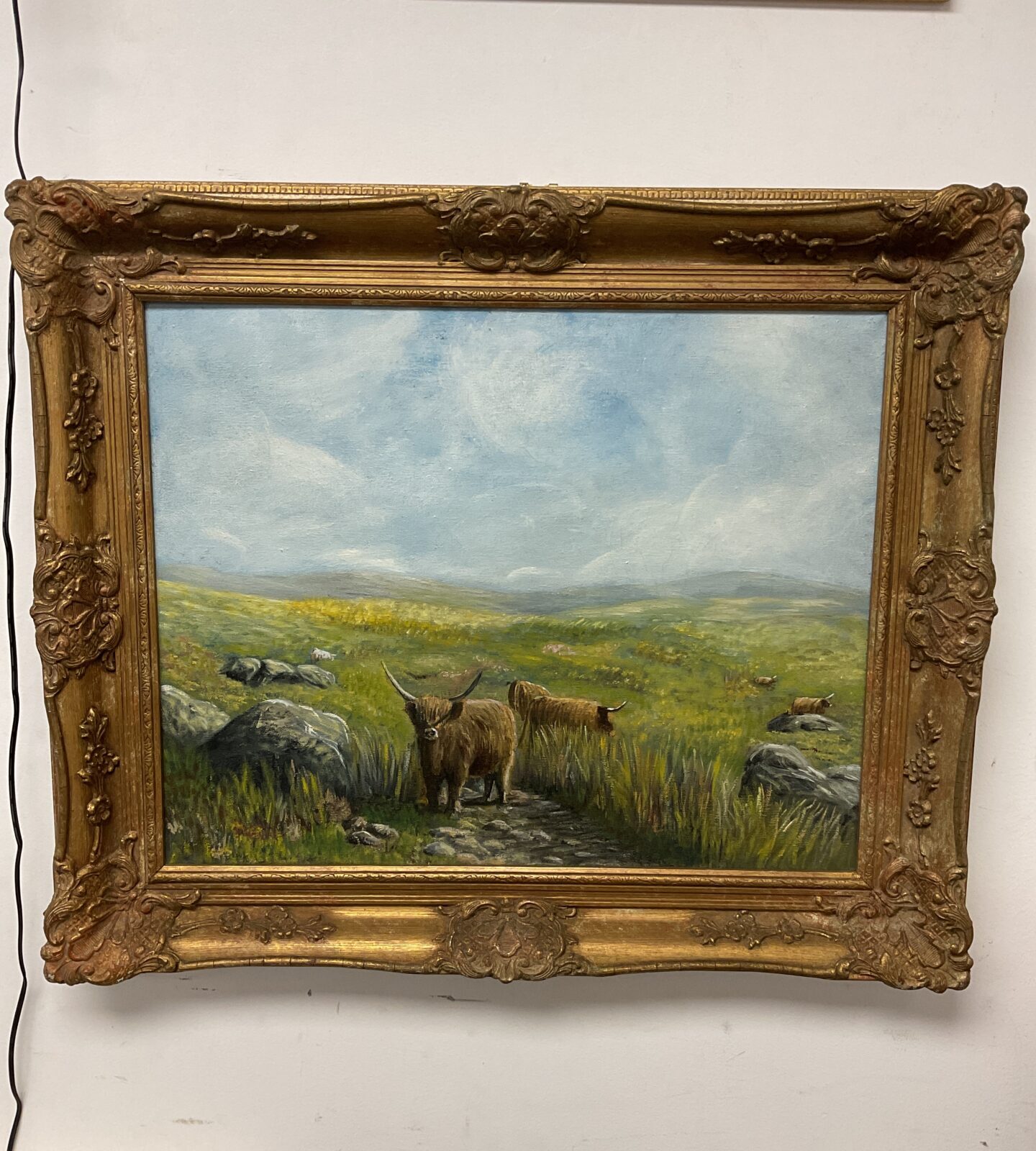 Original gilt framed oil painting of highland cows