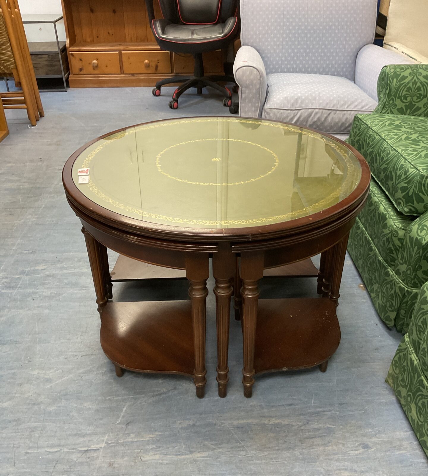 Leather & glass topped round nest of tables - Image 2