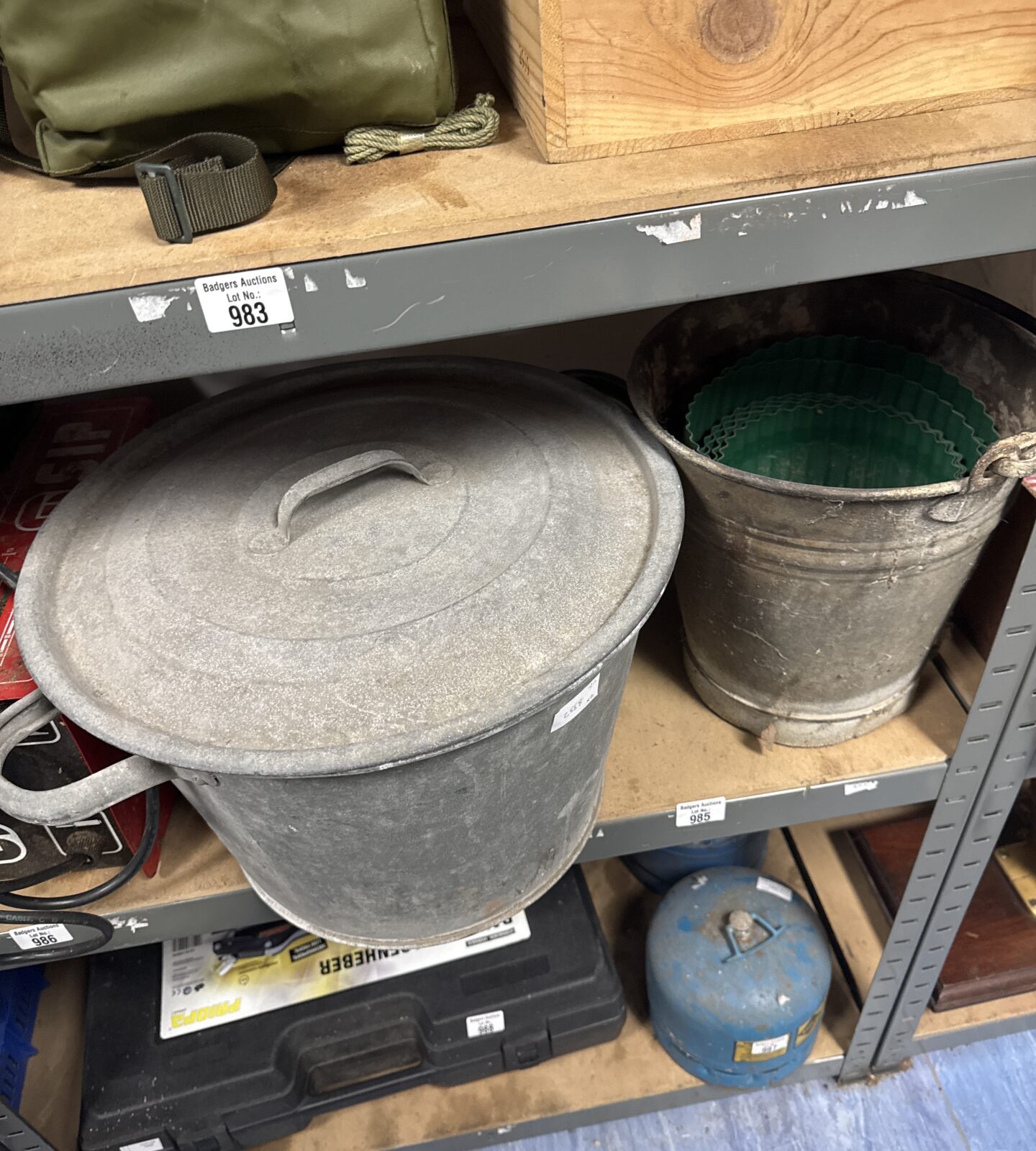 Large galvanised planter with bucket & plastic lawn edging