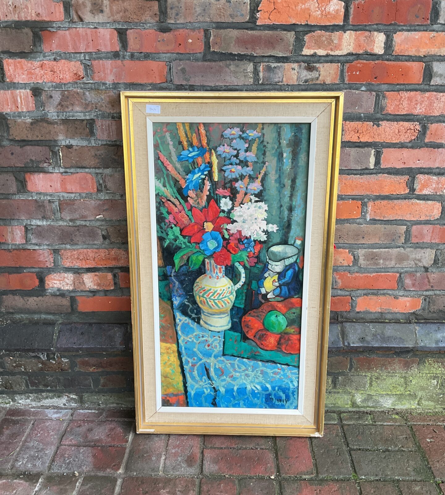 Large still life oil painting of flowers in vase & toby jug signed priddey