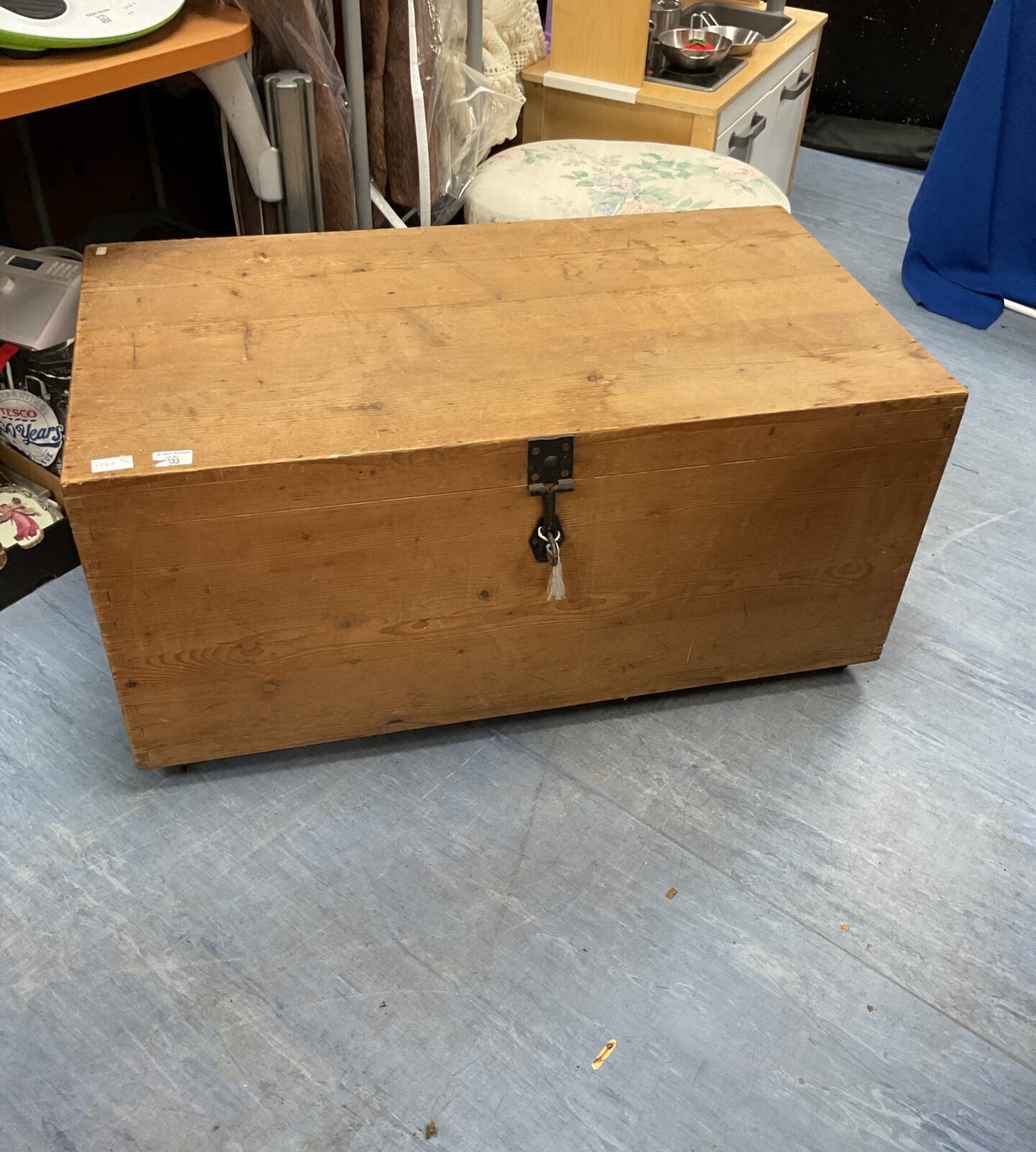 Large wheeled wooden trunk