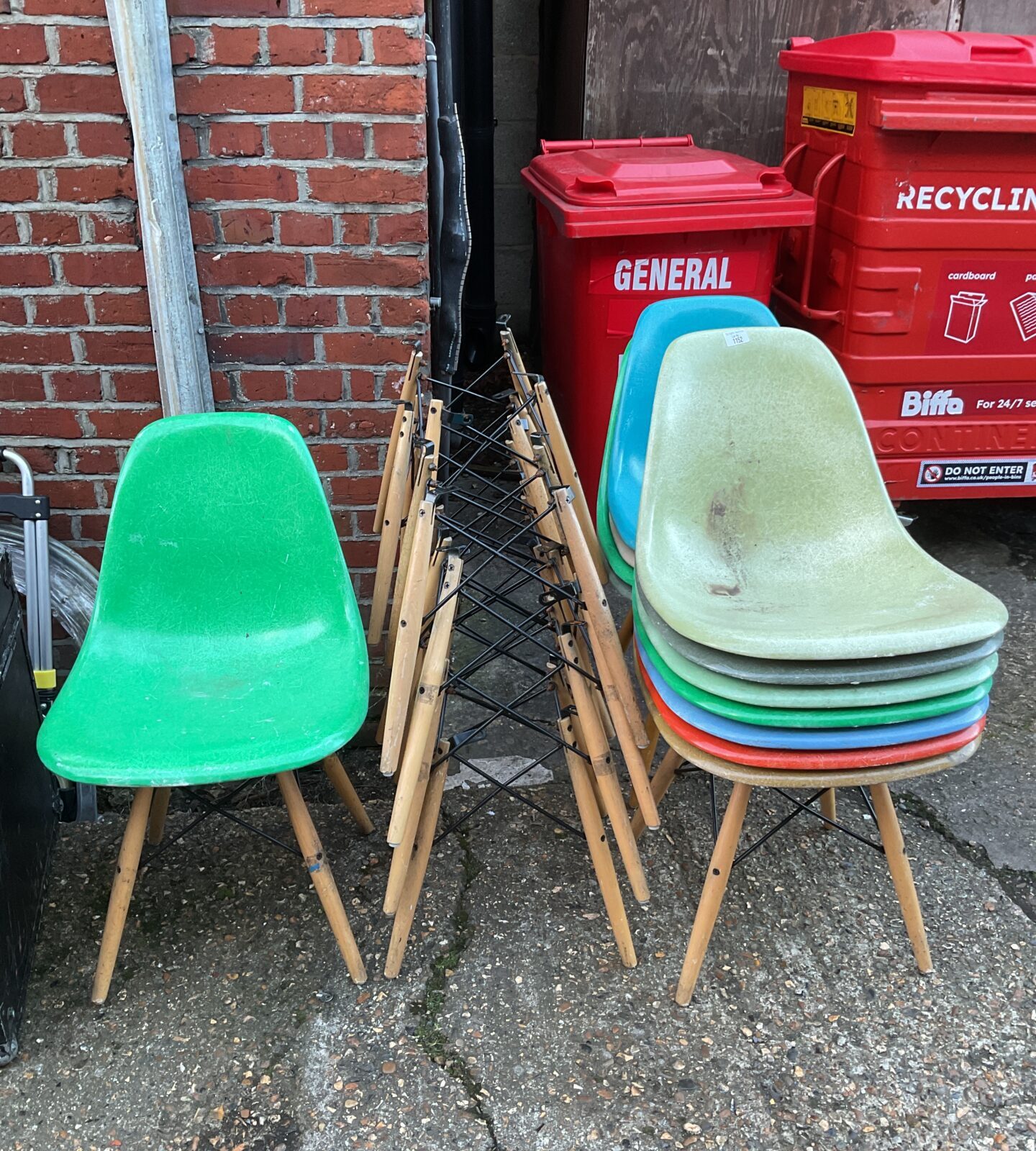 Lot of 12 multicoloured modernica los angeles designed chairs for restoration