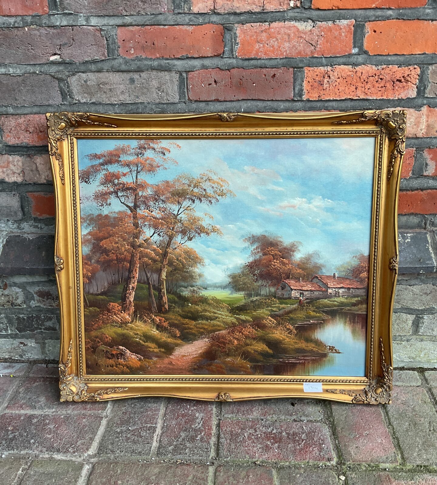 Original oil painting of an autumnal river scene with farm signed ginness