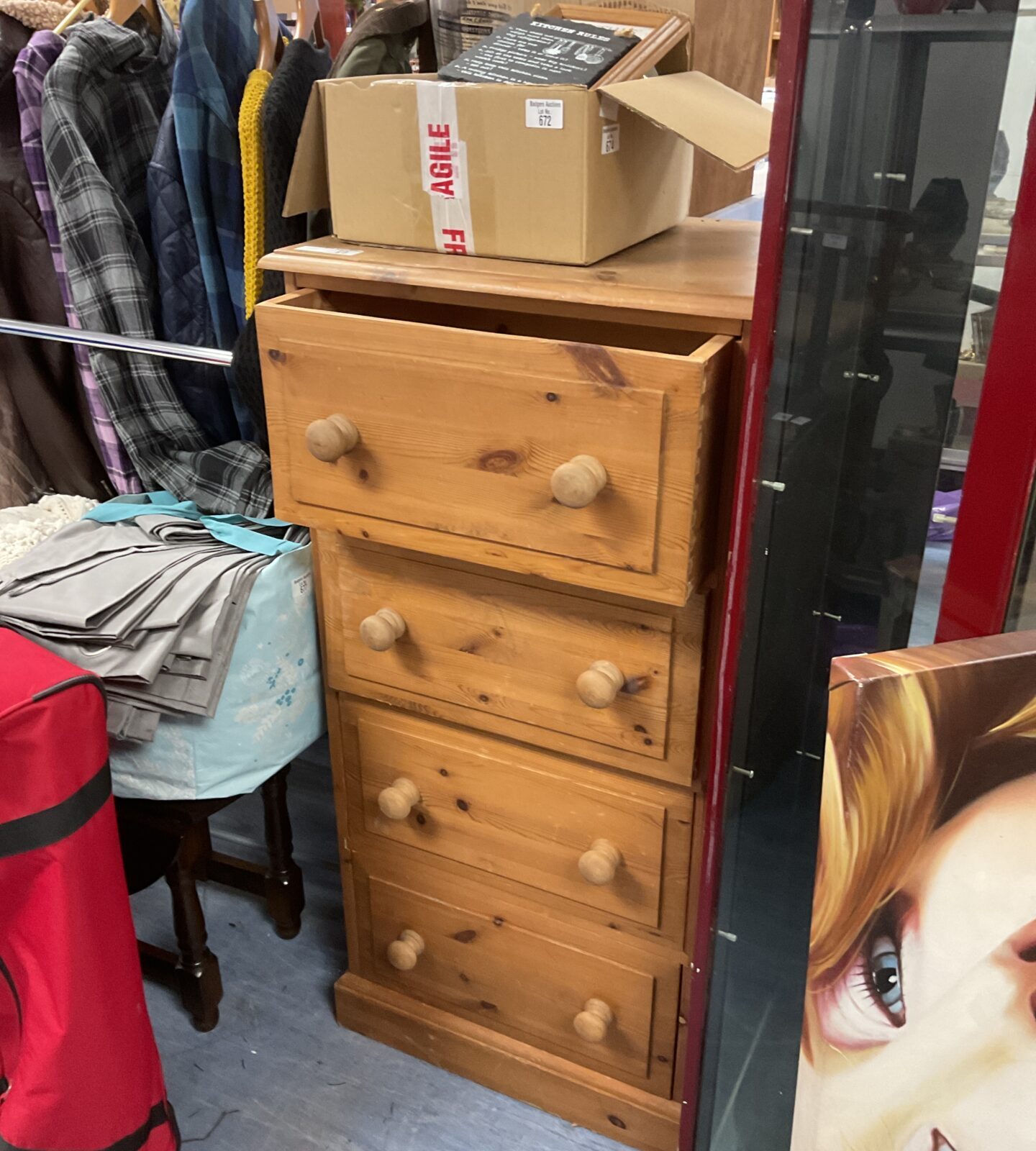 Pine Four Drawer Tall Boy H46”x W23” x D18” drawers are stuck