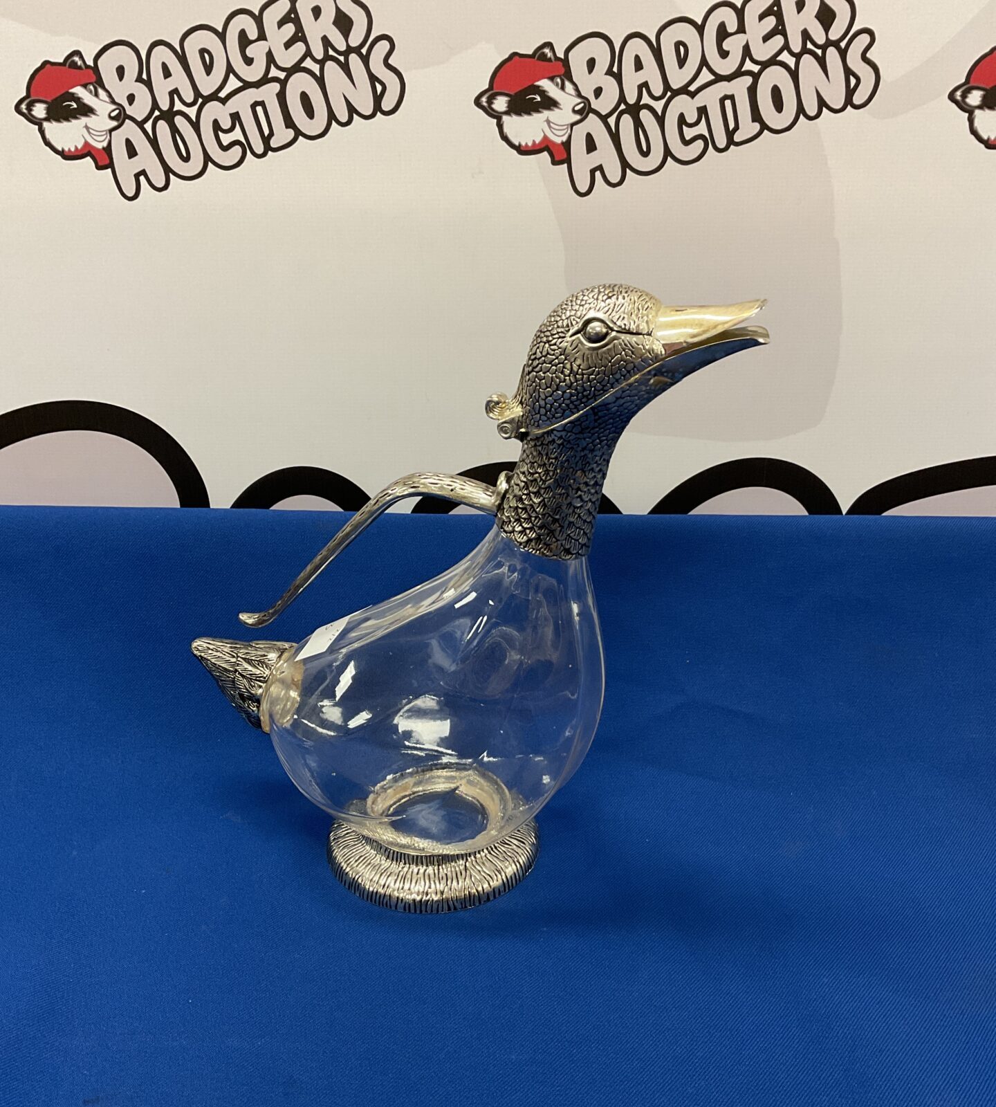 Silver plate & glass duck decanter