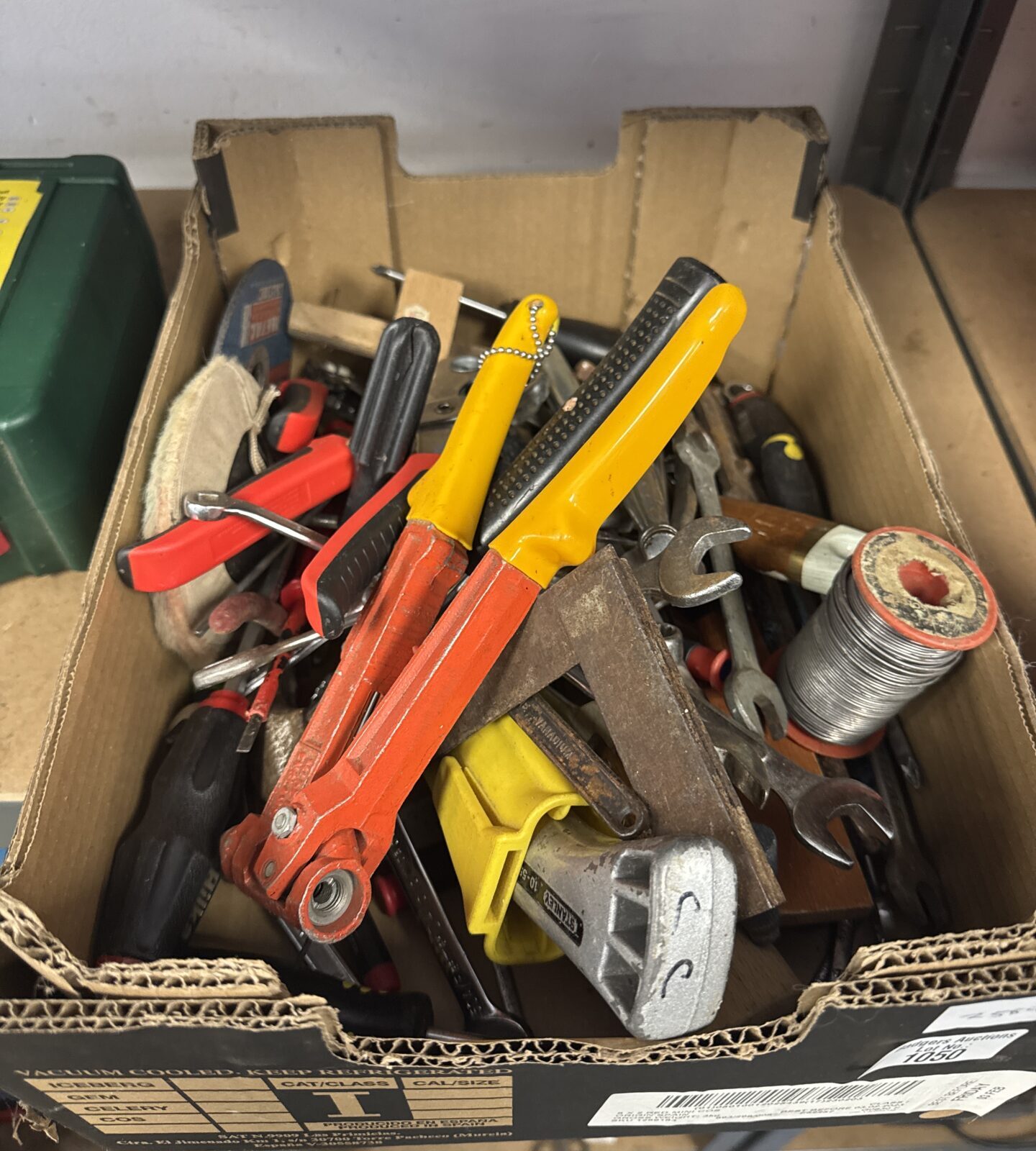 Small crate of assorted hand tools & hardware