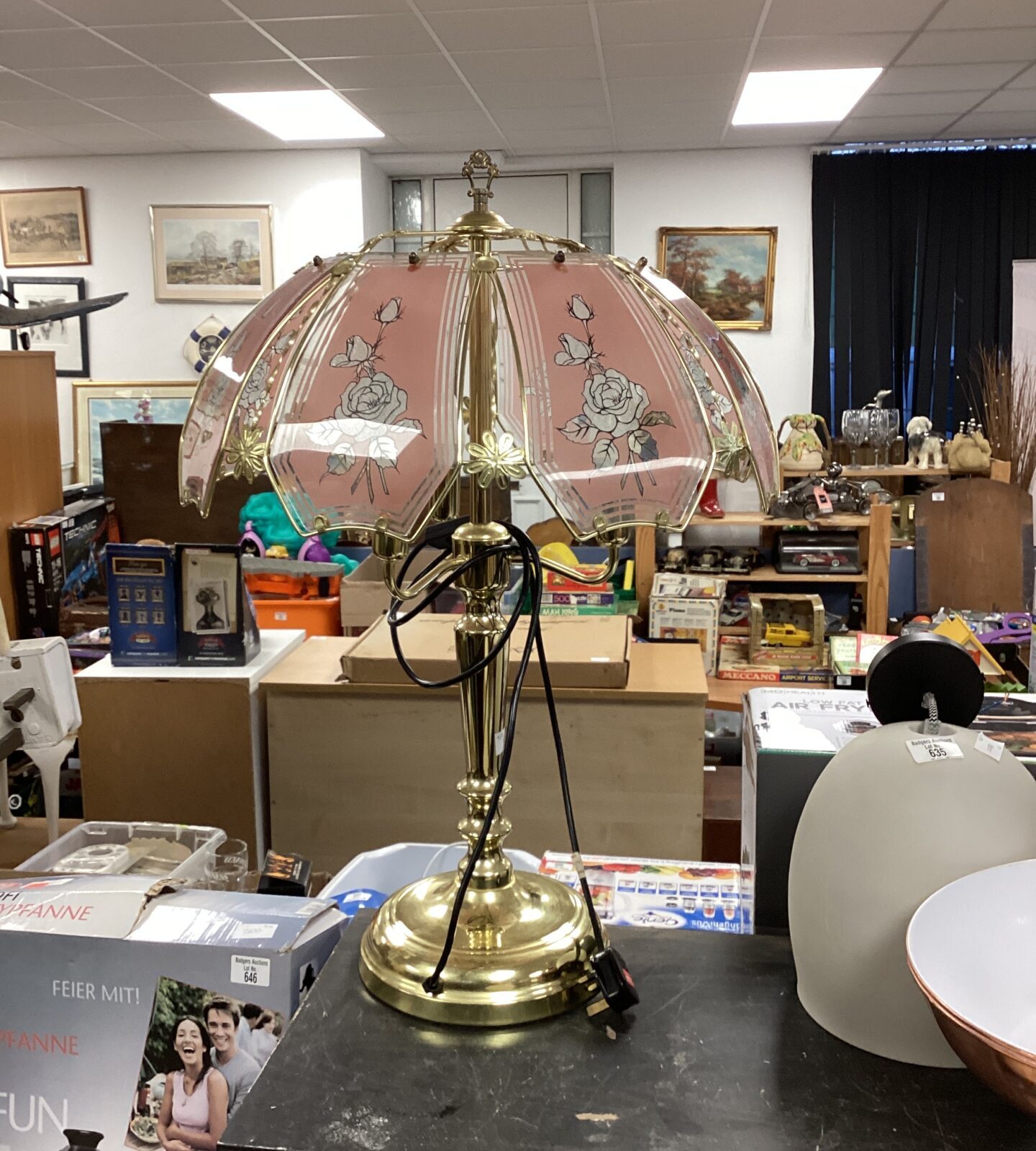 Tiffany style large brass table lamp