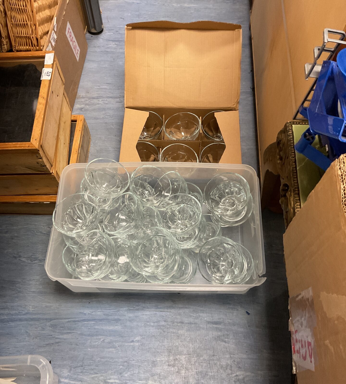 Two boxes of glass serving dishes